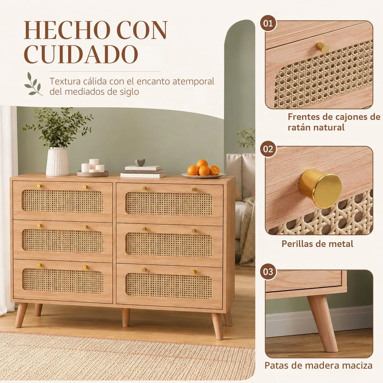 Cómoda de 6 cajones de Madera, Estilo nórdico, cómoda de Almacenamiento con Paneles de ratán, cómoda de Dormitorio Adulto, Color Madera Natural, 100x34x73 cm