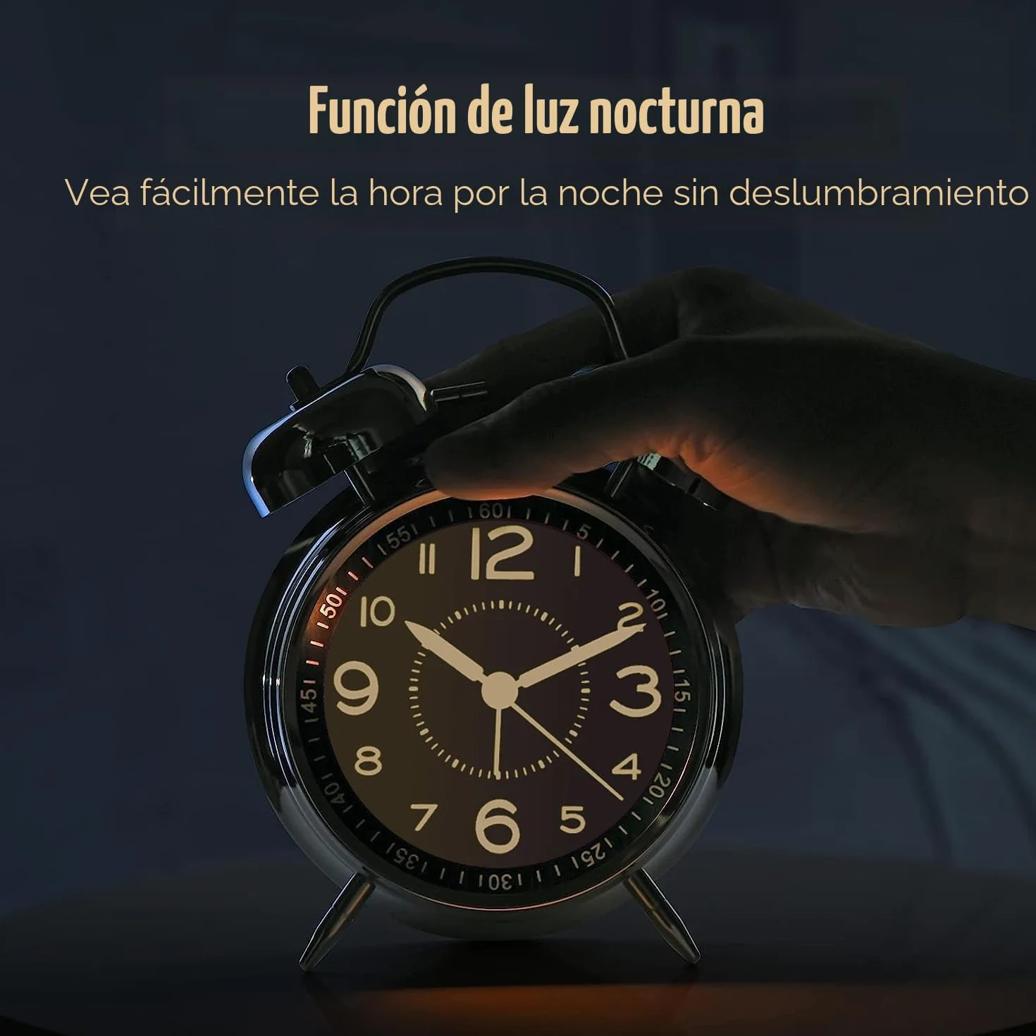 Reloj despertador fuerte metal 10,2 cm doble campanilla a pilas silencioso plateado