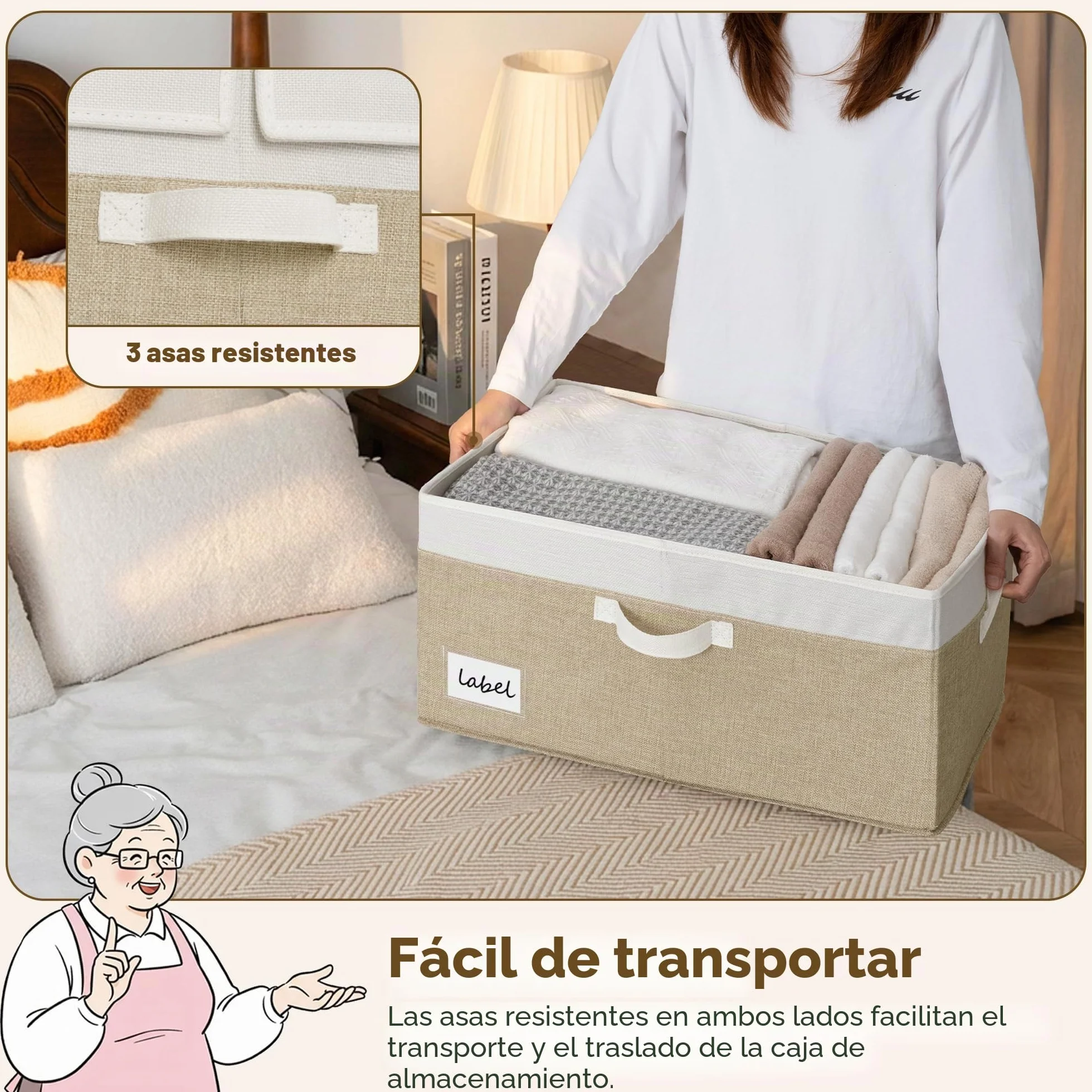 GRANNY SAYS Caja de Almacenaje Grande con Tapa, Set de 1 Caja Almacenaje con Tapa, Cesto para Ropa de Armario, Grande Cesta de Tela para Organizar el Dormitorio, Plegable Decorativas, Blanco y Caqui
