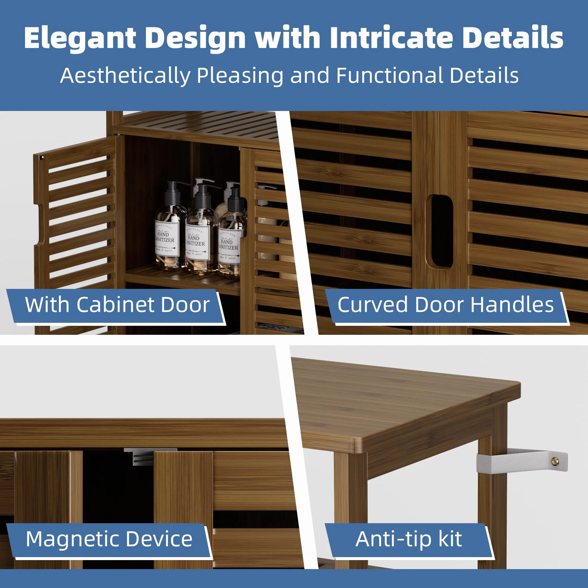 HITNET Mueble Baño Bambu, Armario Bajo Baño Auxiliar, Gabinete de Almacenamiento Independiente con Doble Puerta y Compartimentos Abiertos, para Sala de Estar, Cocina, Entrada, Nogal