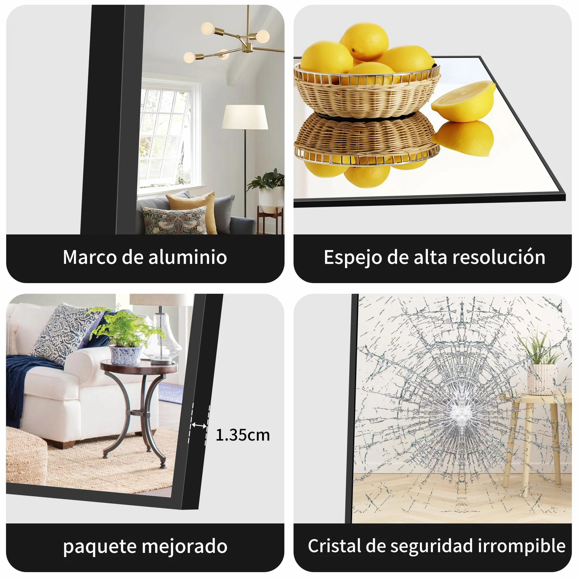 BONEWEI Espejo de Pie 165 x 60 cm, Espejo Rectángulo de Cuerpo Entero con Marco de Aluminio Negro, Espejos Grandes de Pared Inclinado o Colgante para Salón, Dormitorio, Entrada