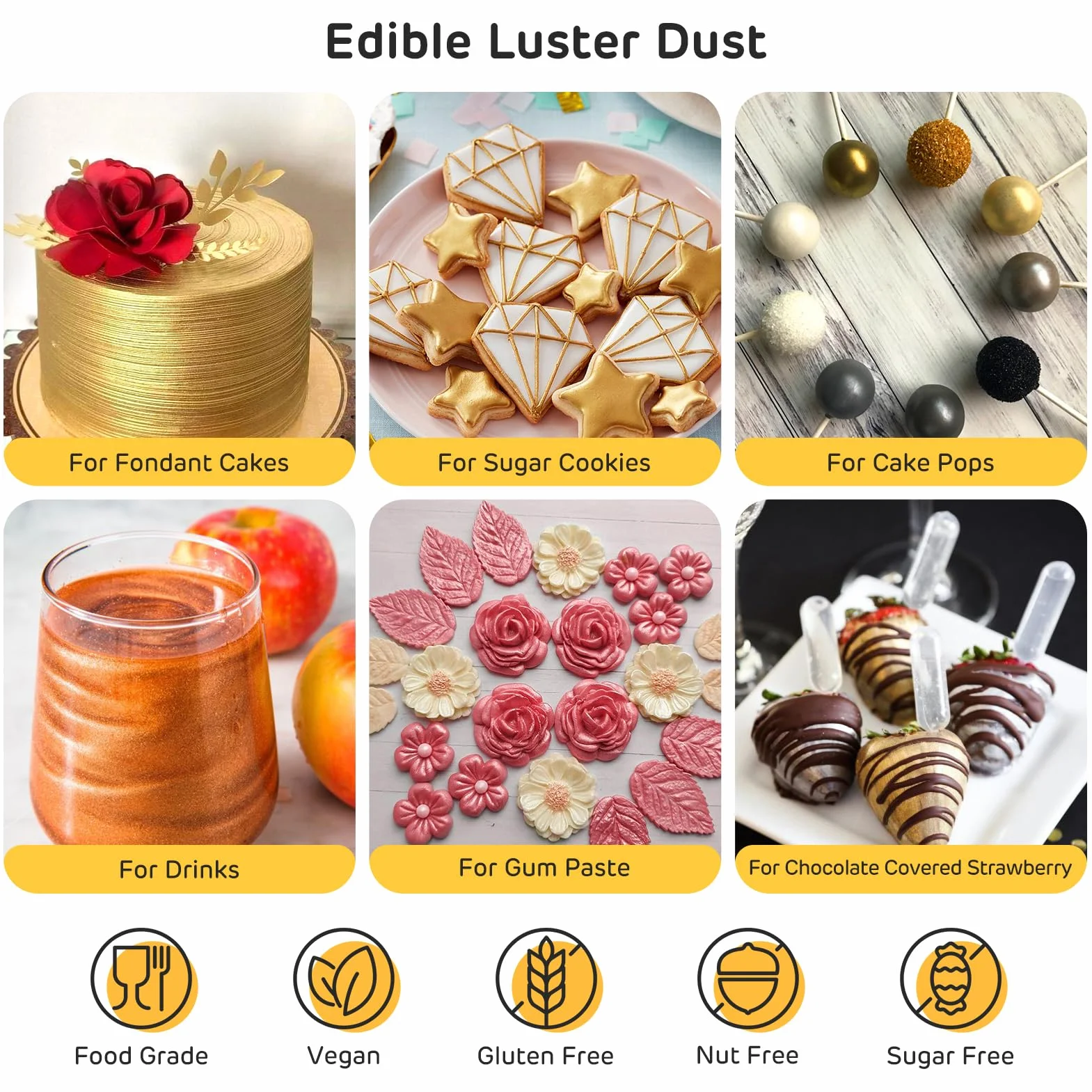 Waysroma Purpurina Comestible Oro 8g Sprinkles Reposteria para Tarta, Pasteles, Fresas, Fondant
