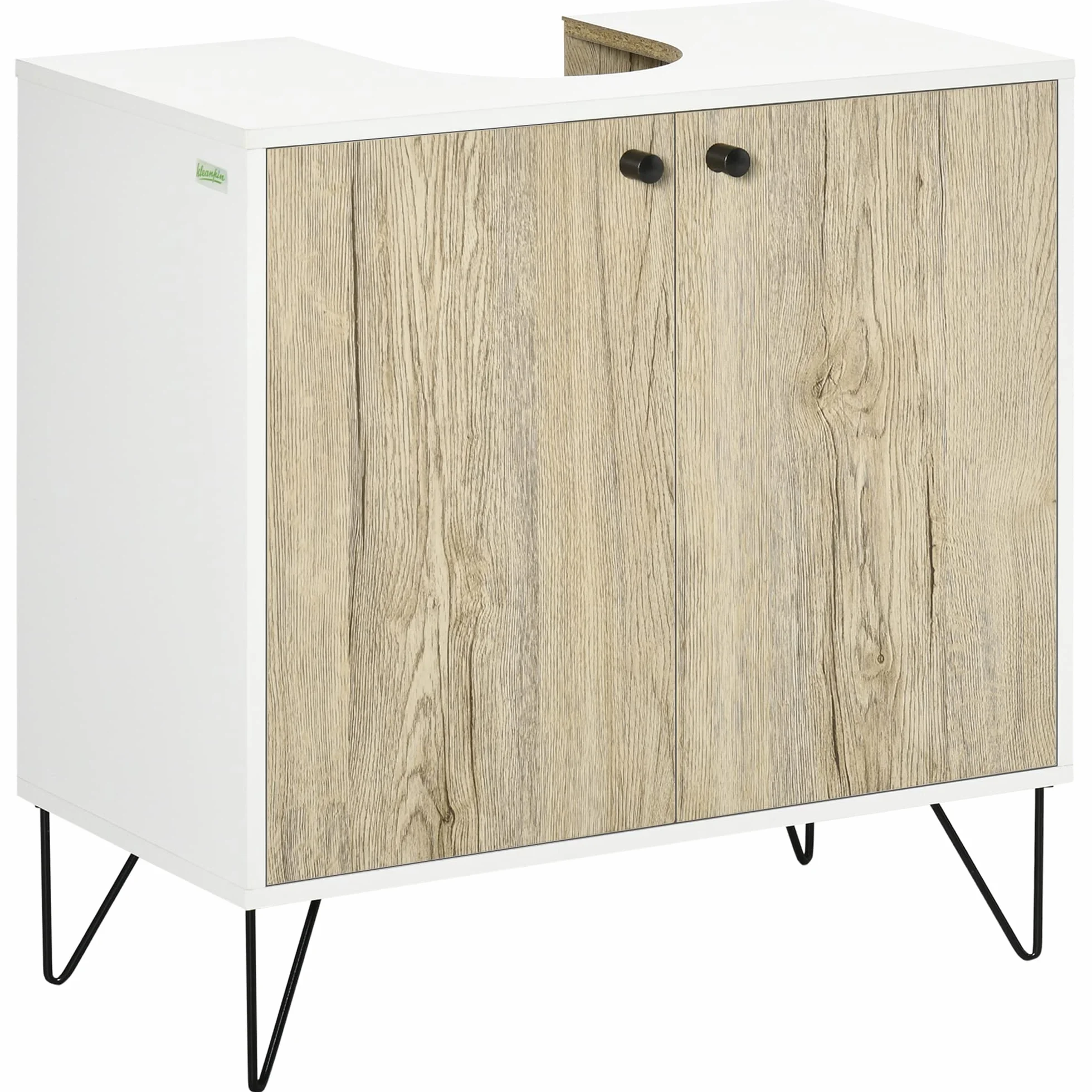 kleankin Mueble para Debajo del Lavabo Madera 60x30x60 cm Roble y Blanco | Armario Bajo Lavabo, Armario de Baño de Suelo, 2 Puertas, Estante, Patas de Acero