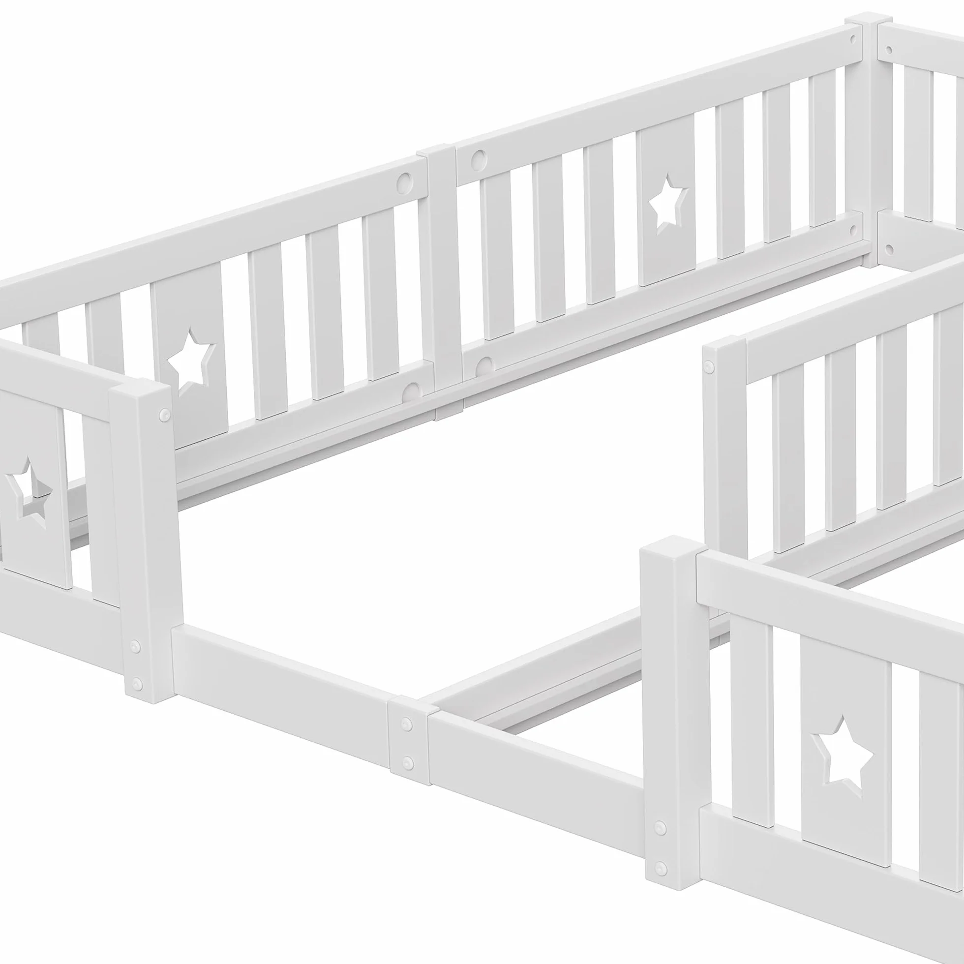 Montessori Cama infantil doble 2 x (90 x 200 cm), marco de madera con barrera de seguridad para 2 niños, color blanco y sin somier de láminas)