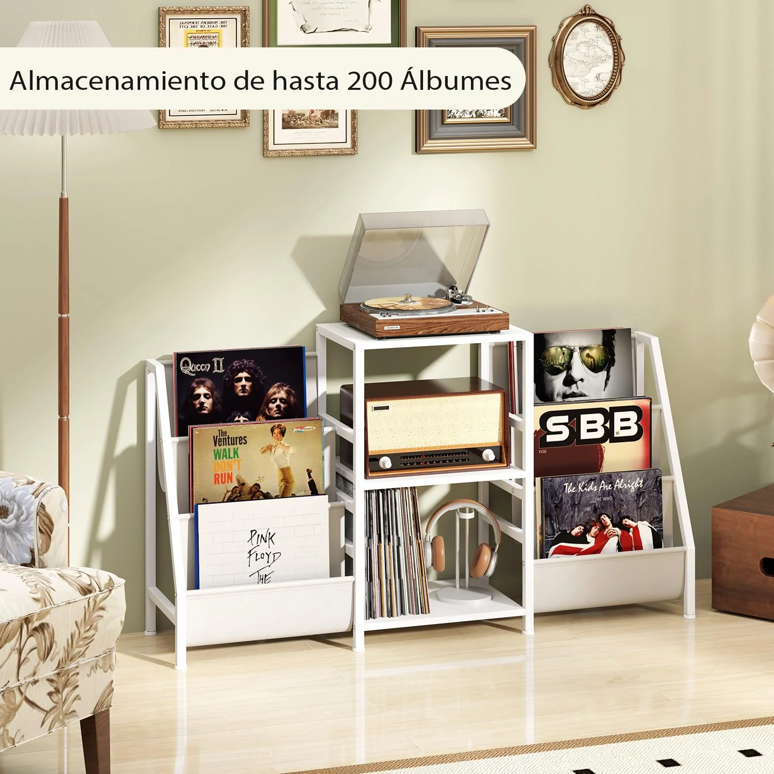 COSTWAY Soporte para Tocadiscos con Almacenamiento para Vinilos, Estantería de Metal, 6 Bolsillos, Blanco