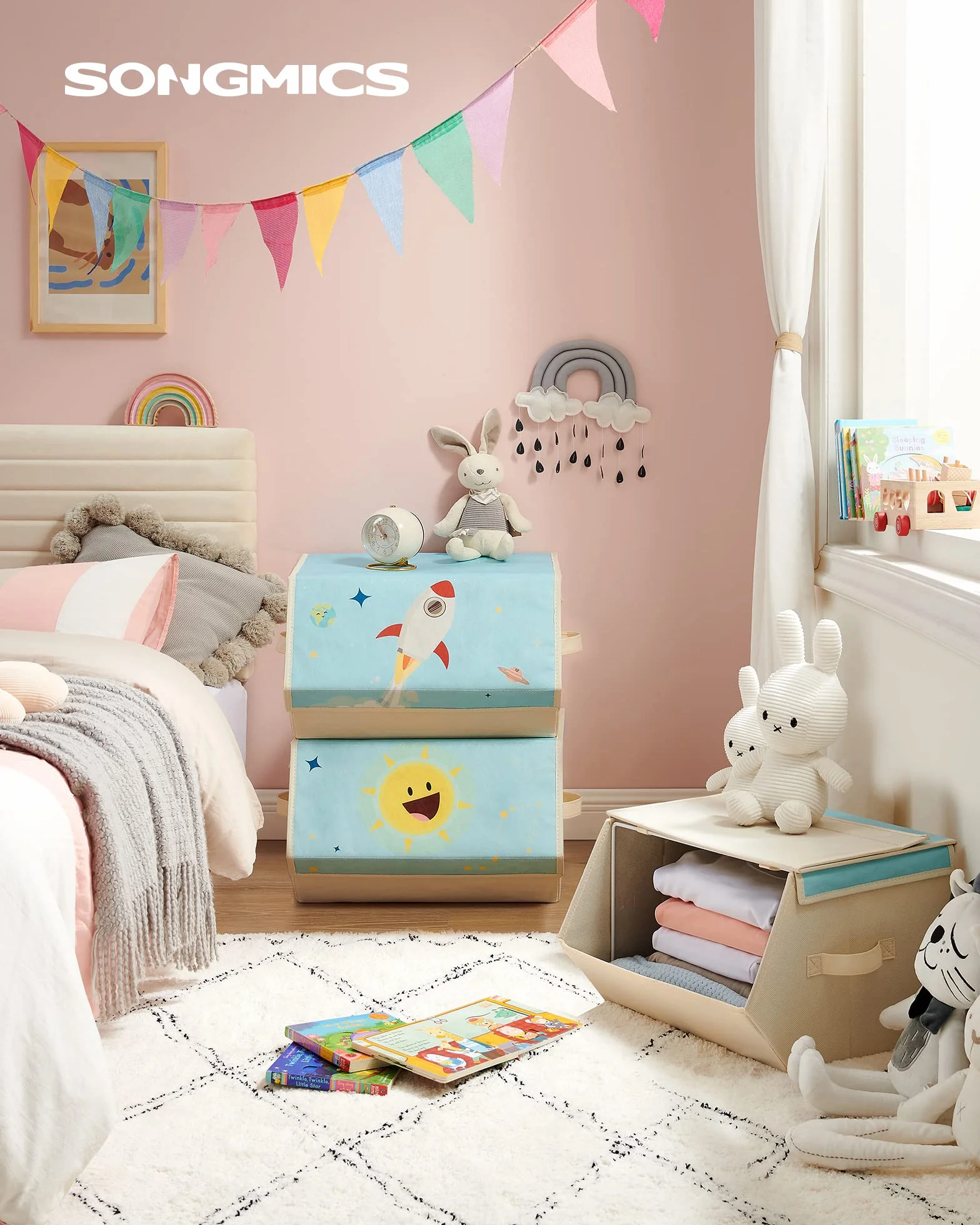 SONGMICS Cajas de Juguetes para Niños, Juego de 3 Cajas de Almacenamiento Apilables y Plegables, con Asas y Tapa Magnética, Azul