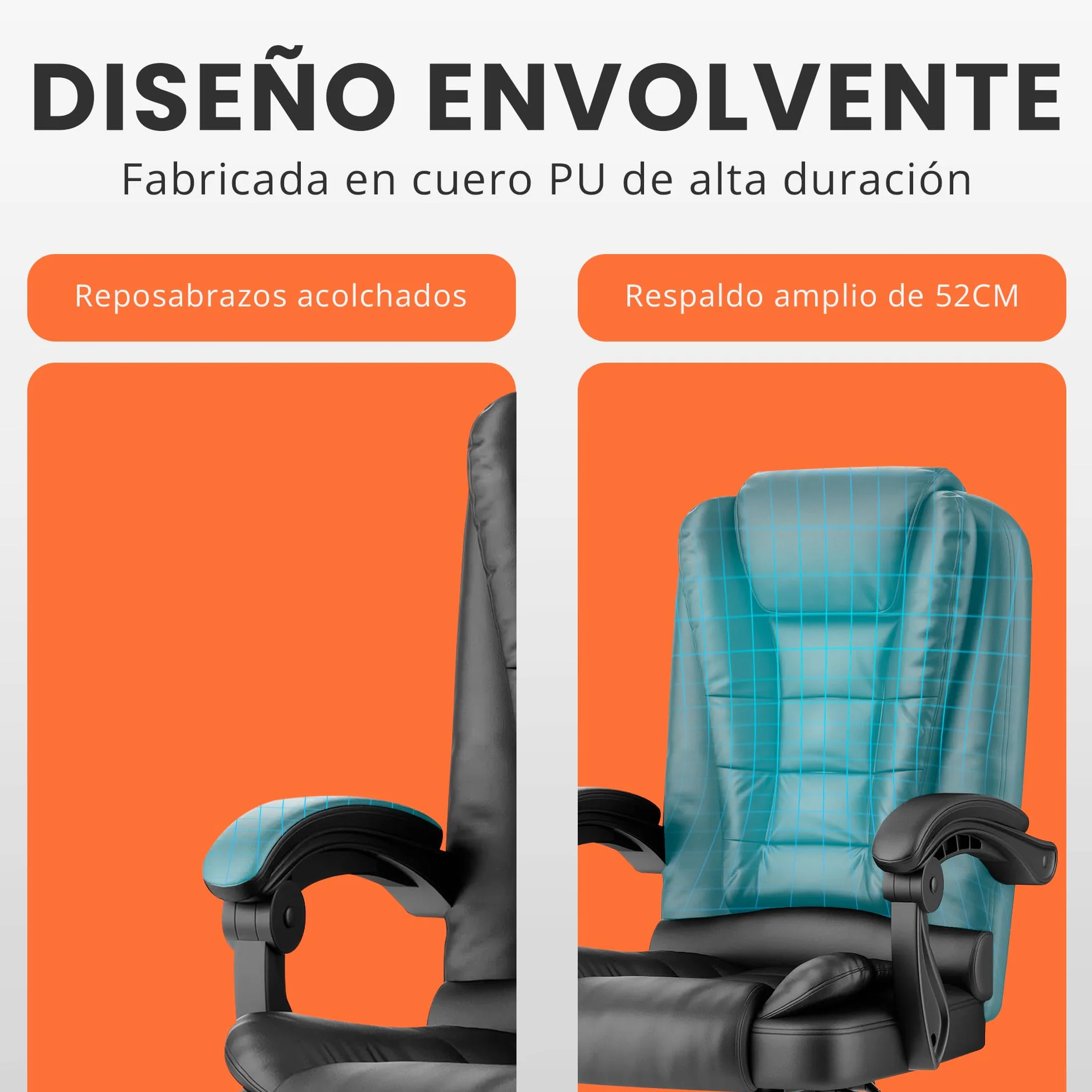 JUPPLIES Silla de Oficina Reclinable con Cojín Lumbar Masajeador, Respaldo Alto de PU Acolchado, Altura Ajustable, Ruedas Silenciosas (Negro)