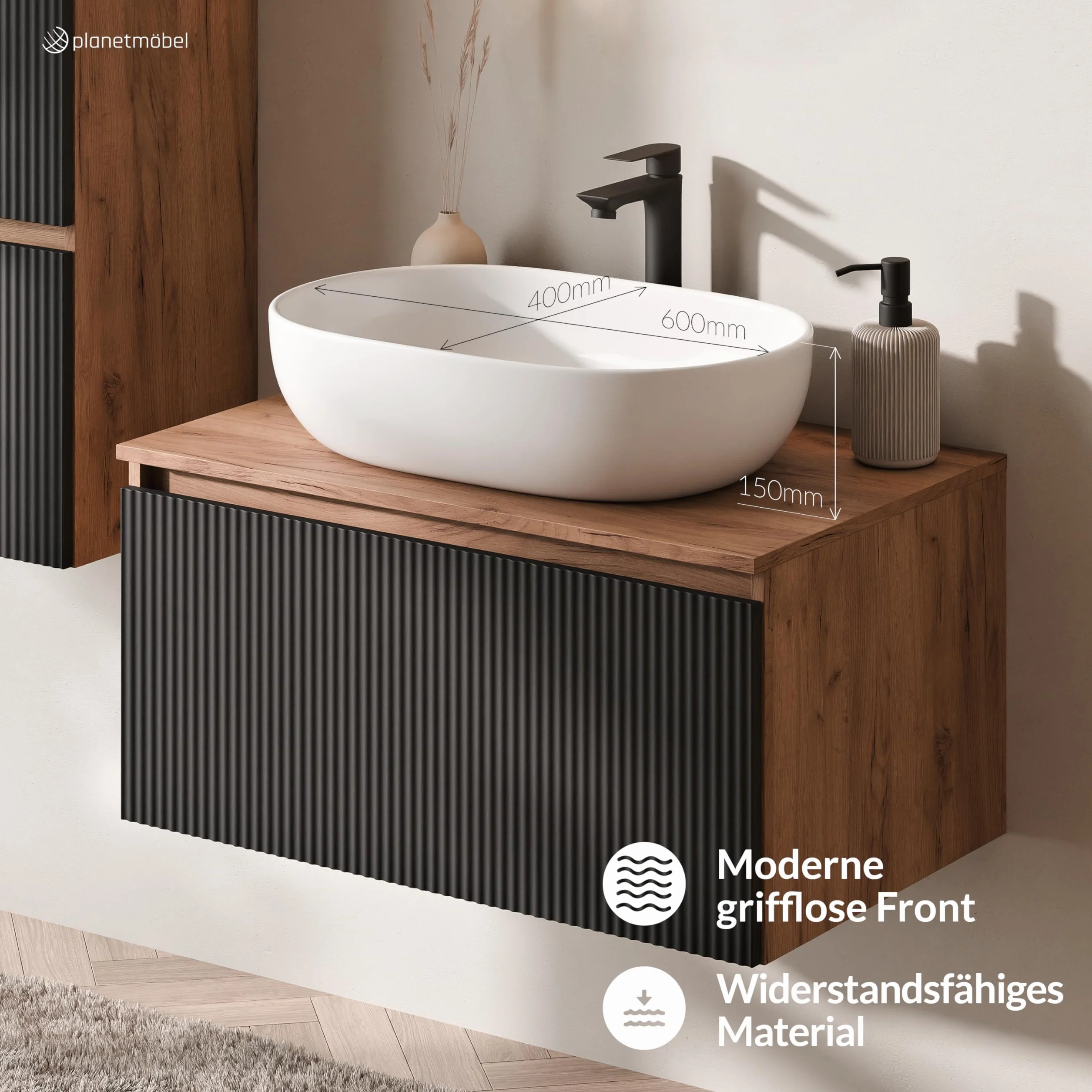 Planetmöbel Arisa Juego de muebles de baño con lavabo de 80 cm en roble dorado negro (estriado), lavabo de 60 cm en blanco, con sifón de ahorro de espacio