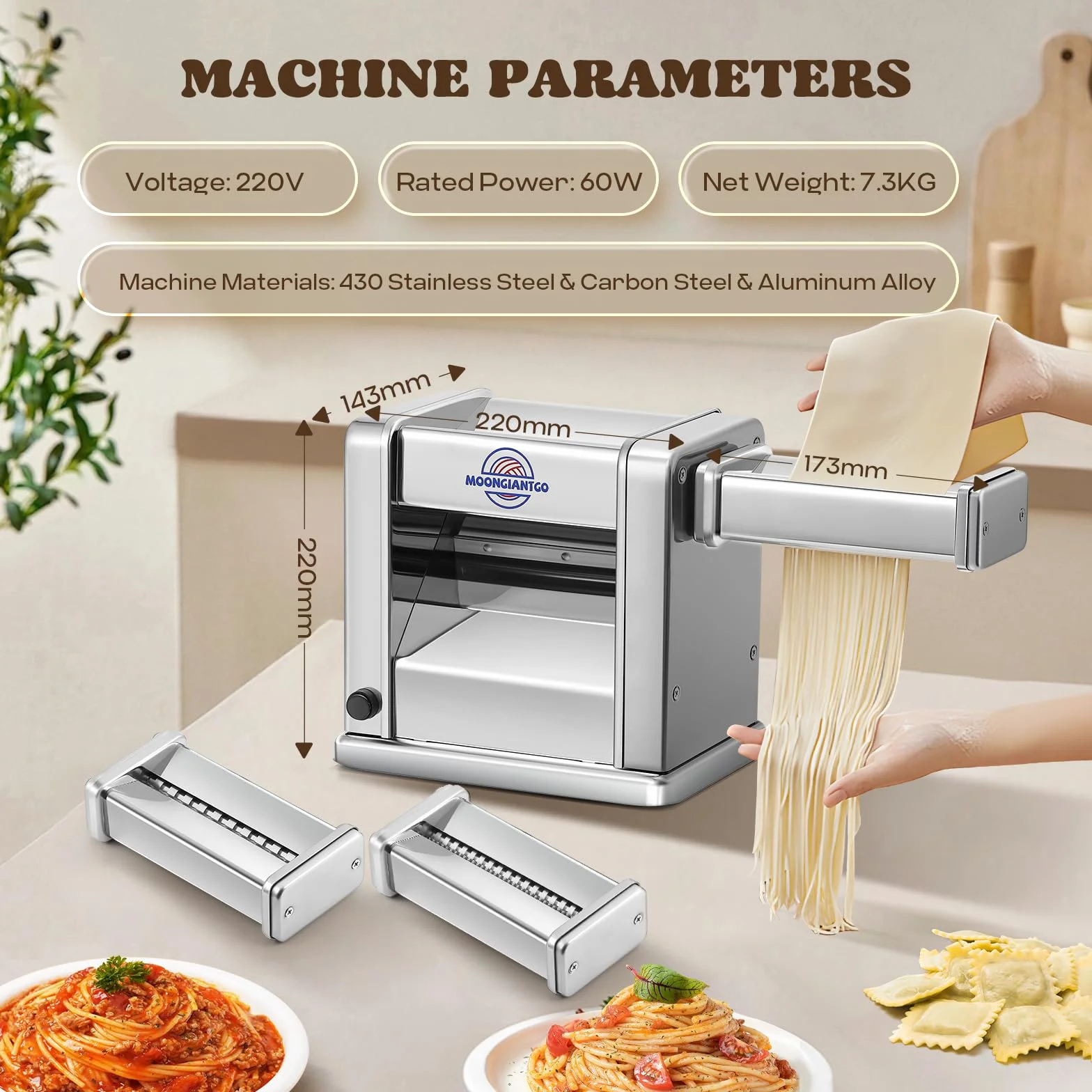 Moongiantgo Máquina de Pasta Eléctrica Laminadora de Masa Acero Inoxidable con Cortador de 2mm/4mm/6.5mm para Espaguetis, Ravioli, Ajuste de Espesor de 7 Velocidades para Uso Doméstico (3Cuchillas)