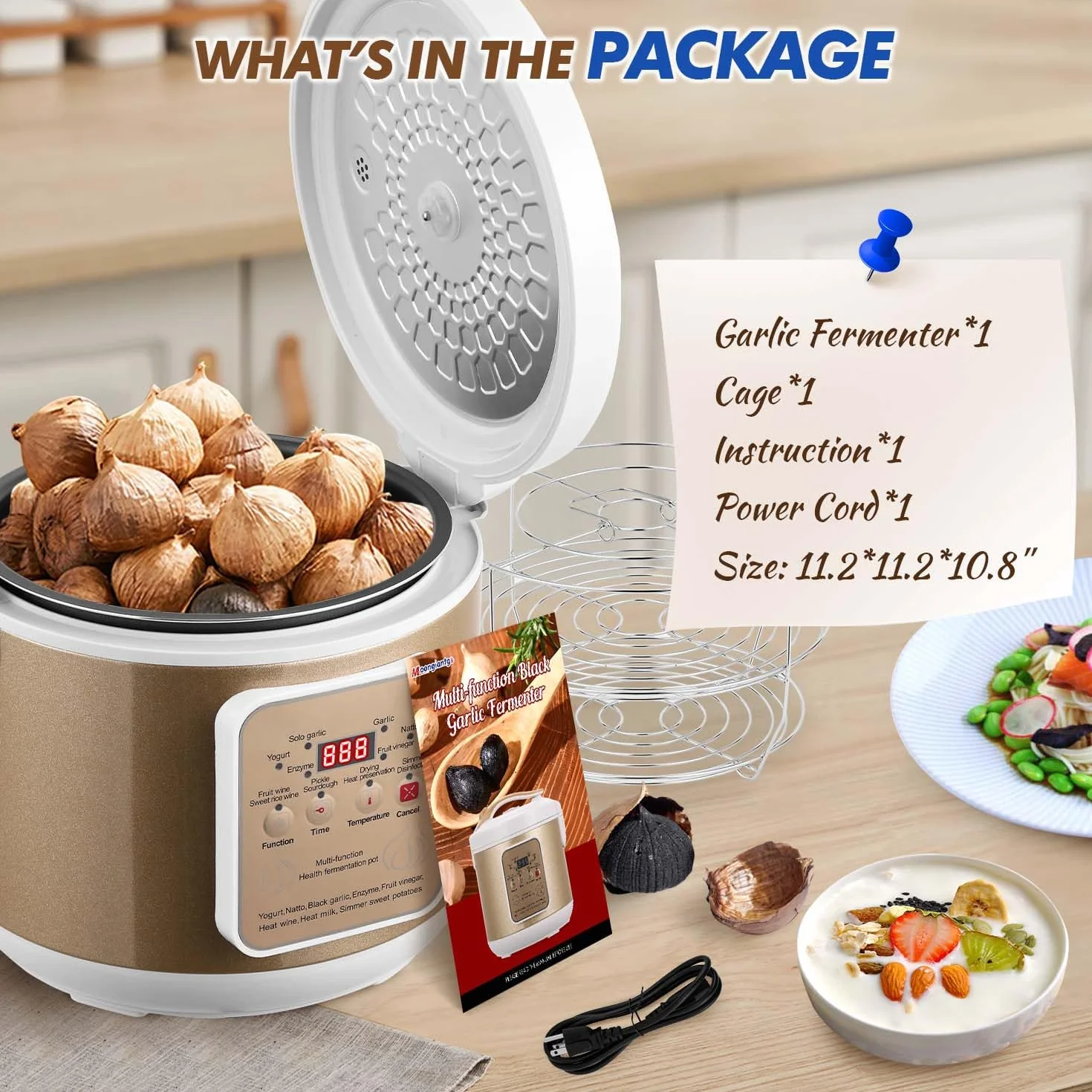 Moongiantgo 6L Fermentador de Ajo Negro, Olla Automática de Ajo, Natto, Yogur, Kimchi, Máquina Fermentadora de Vino, Cocedor de Ajo con Control Automático, Control de Tiempo y Temperatura, 220V