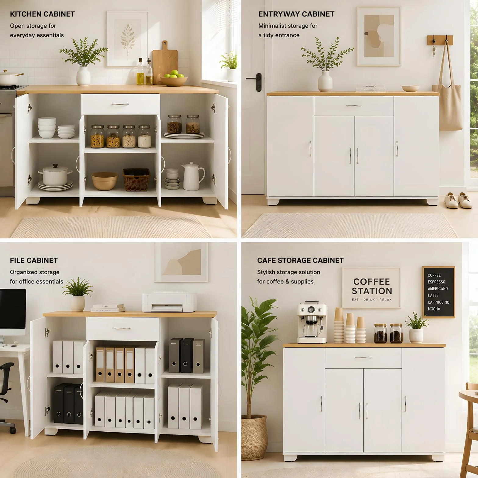 Aparador Comedor Moderno 110x30x70cm, Mueble Auxiliar Estrecho con 4 Puertas y 1 Cajón, Consola Almacenaje Blanco y Roble para Salón, Pasillo, Rincón de Café