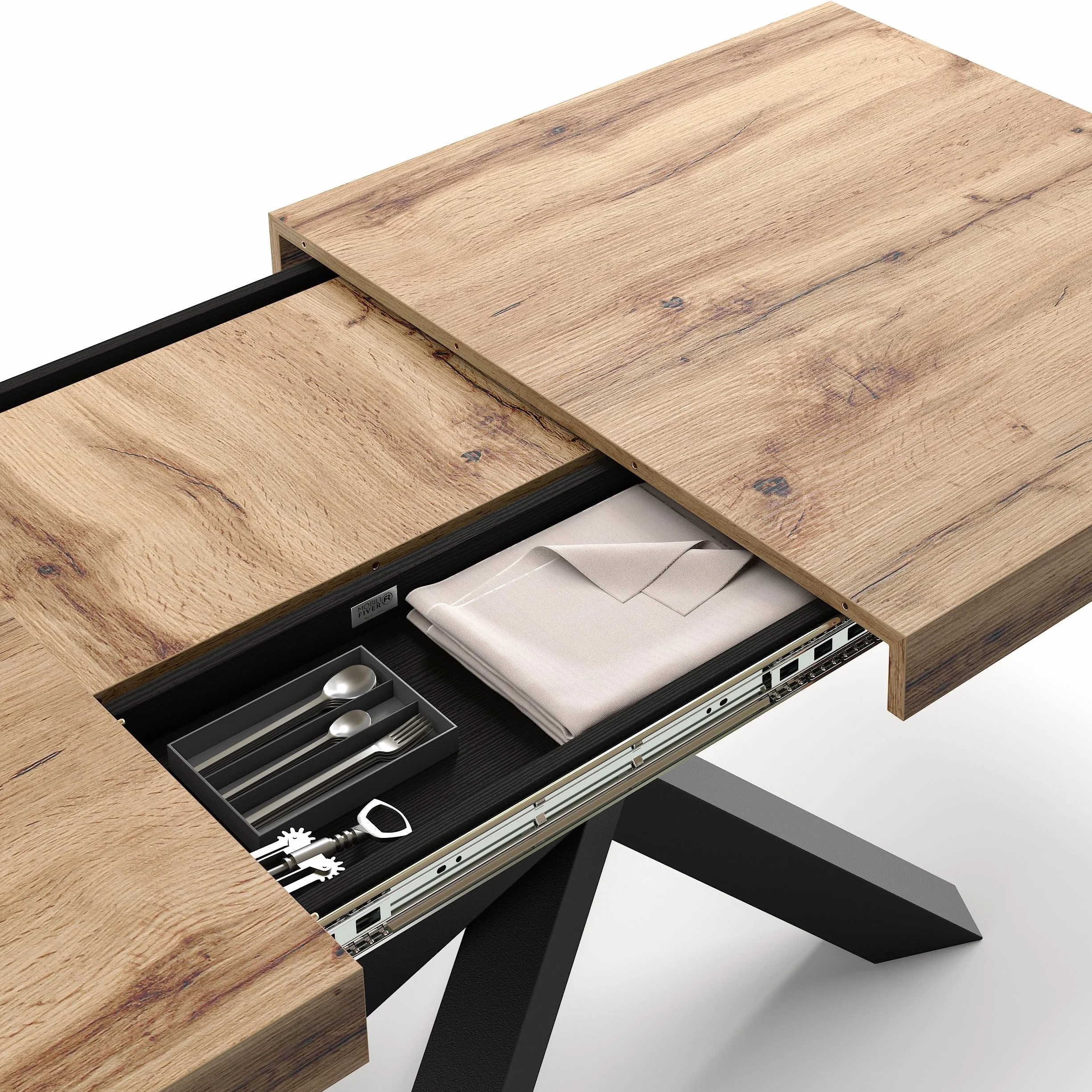 MOBILI FIVER, Mesa Extensible Emma 140(220) x90 cm, Color Madera rústica con Patas Cruzadas Negras, para 6-10 Personas, Mesa Extensible de Comedor, Mesa Cocina, Salon, Made In Italy