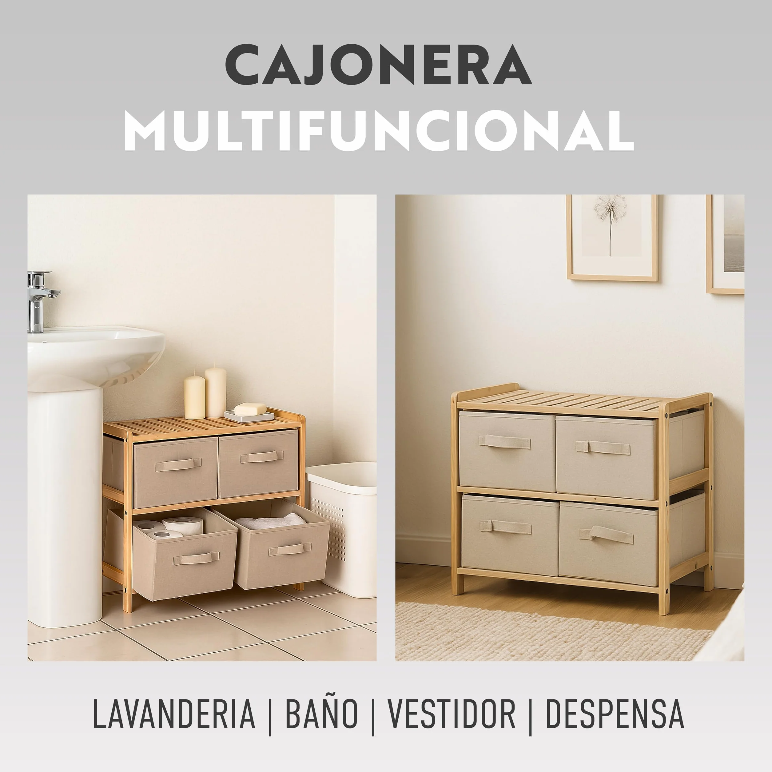 Organizador de madera de abeto Cajonera de Tela 4 cajones Mueble auxiliar dormitorio baño salón