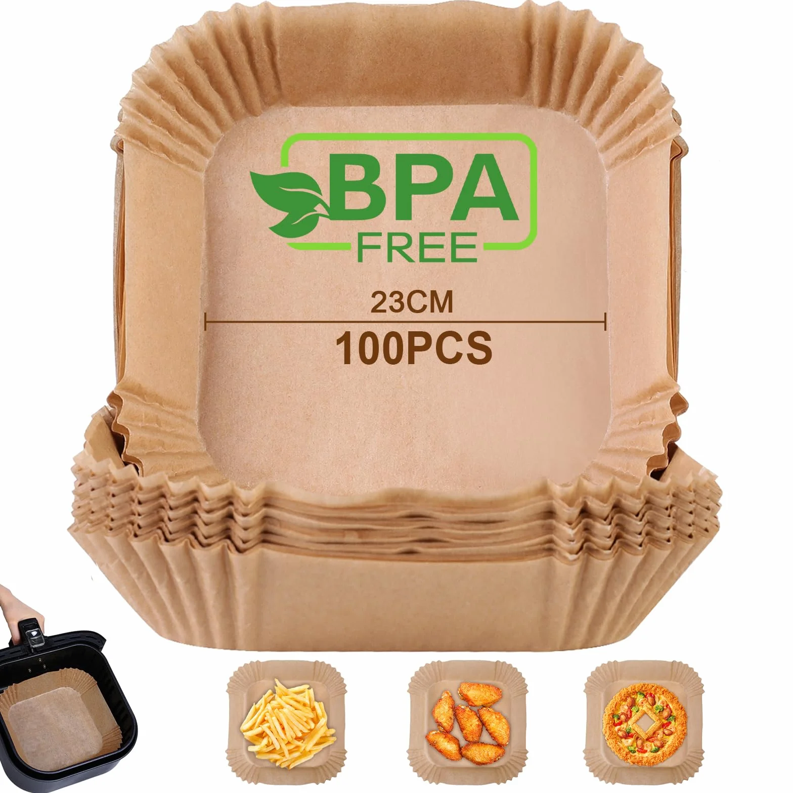 Papel de Freidora Aire Cuadrado 23 cm 100 Piezas Antiadherente BPA Free
