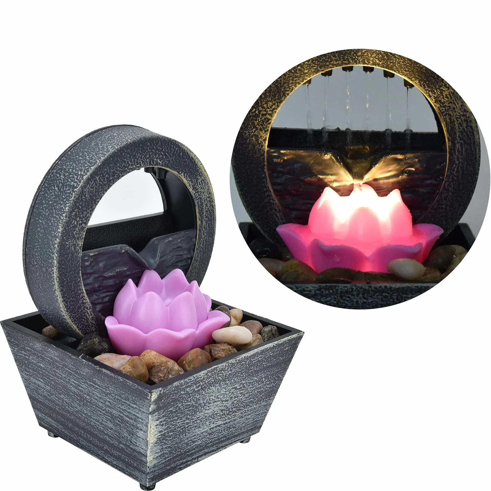 Fuente de Interior, Fuente de Agua LED con Flores de Plástico, Fuente de Mesa con Piedras para Decoración de Mesa en Casa, Oficina, Dormitorio, Sala de Estar