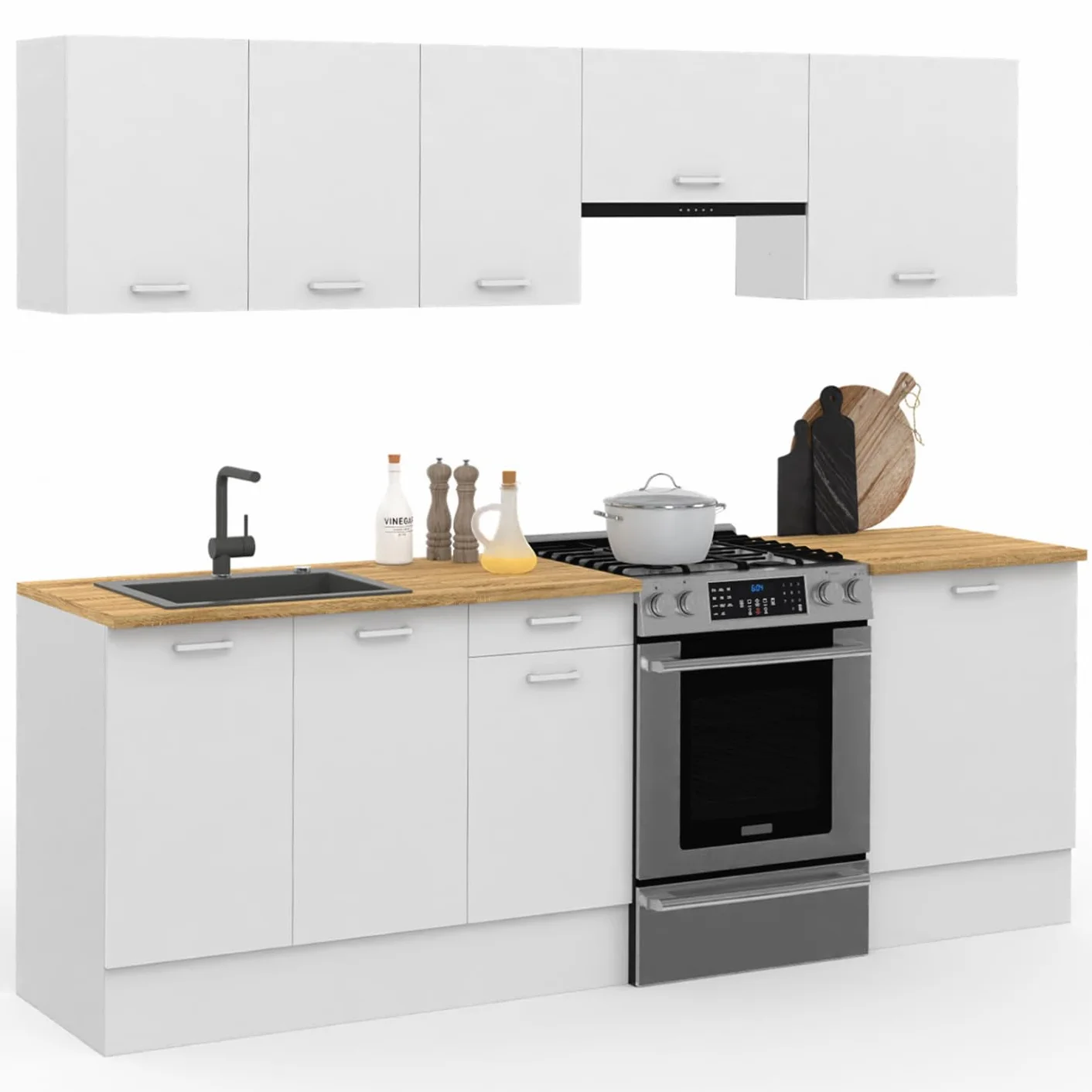 IDMarket - Cocina completa 240 cm sutil con encimera 7 elementos blanco y bandejas de madera