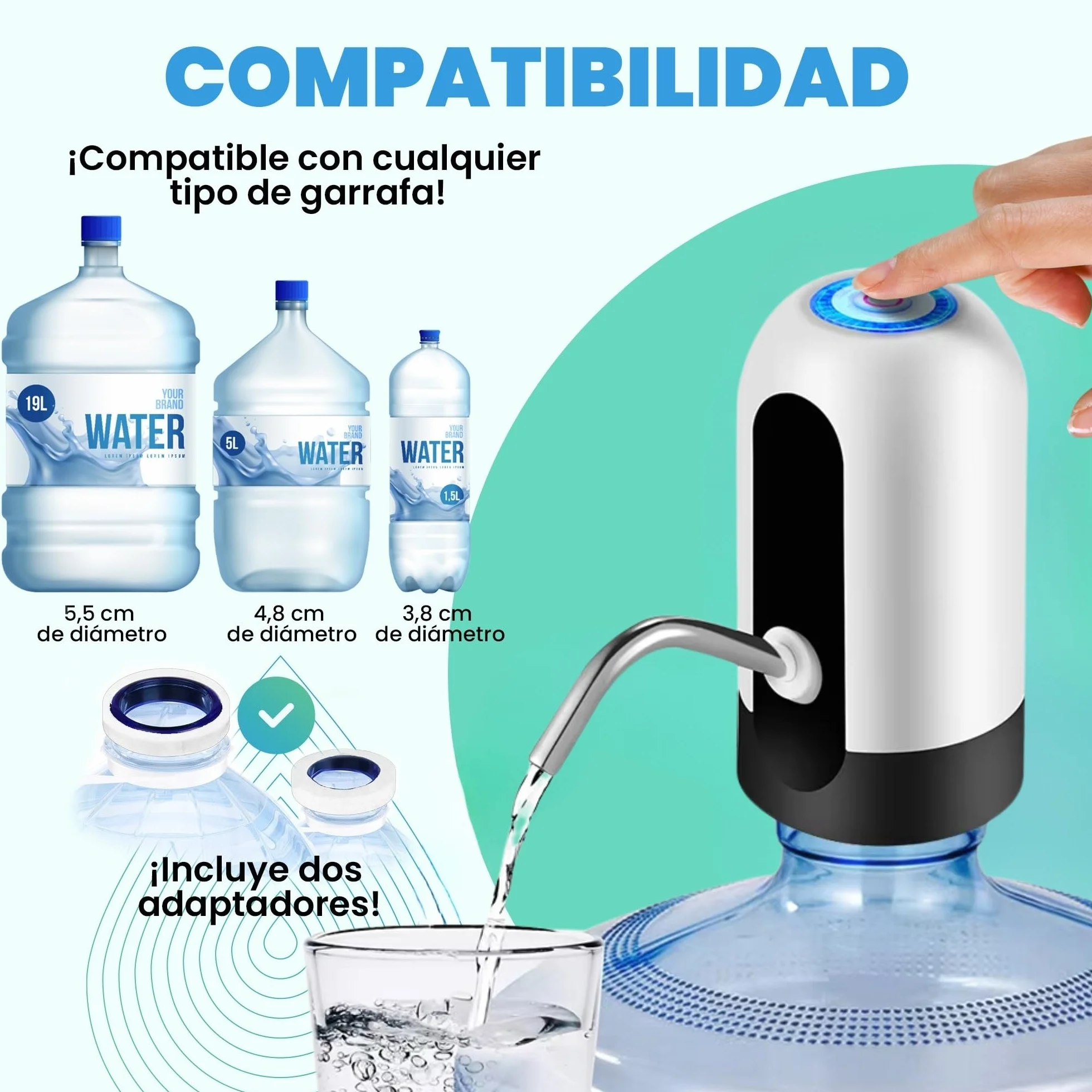 Dispensador de Agua, Grifo eléctrico para garrafas de Agua fría, Bomba dosificadora con Dos adaptadores. 5.7L, 10L, 11.3L, 15L, 18.9L.