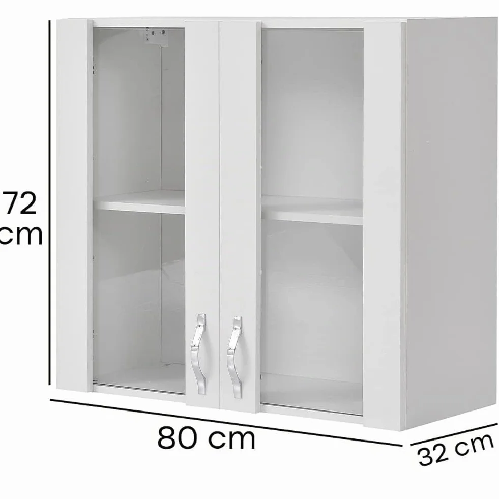 Shally Dogan Armario colgante de cocina con cristal, armario suspendido de pared acristalada de madera, dos puertas, 1 estante y 2 compartimentos, armario espacioso resistente,blanco, 80 x 32 x 72cm