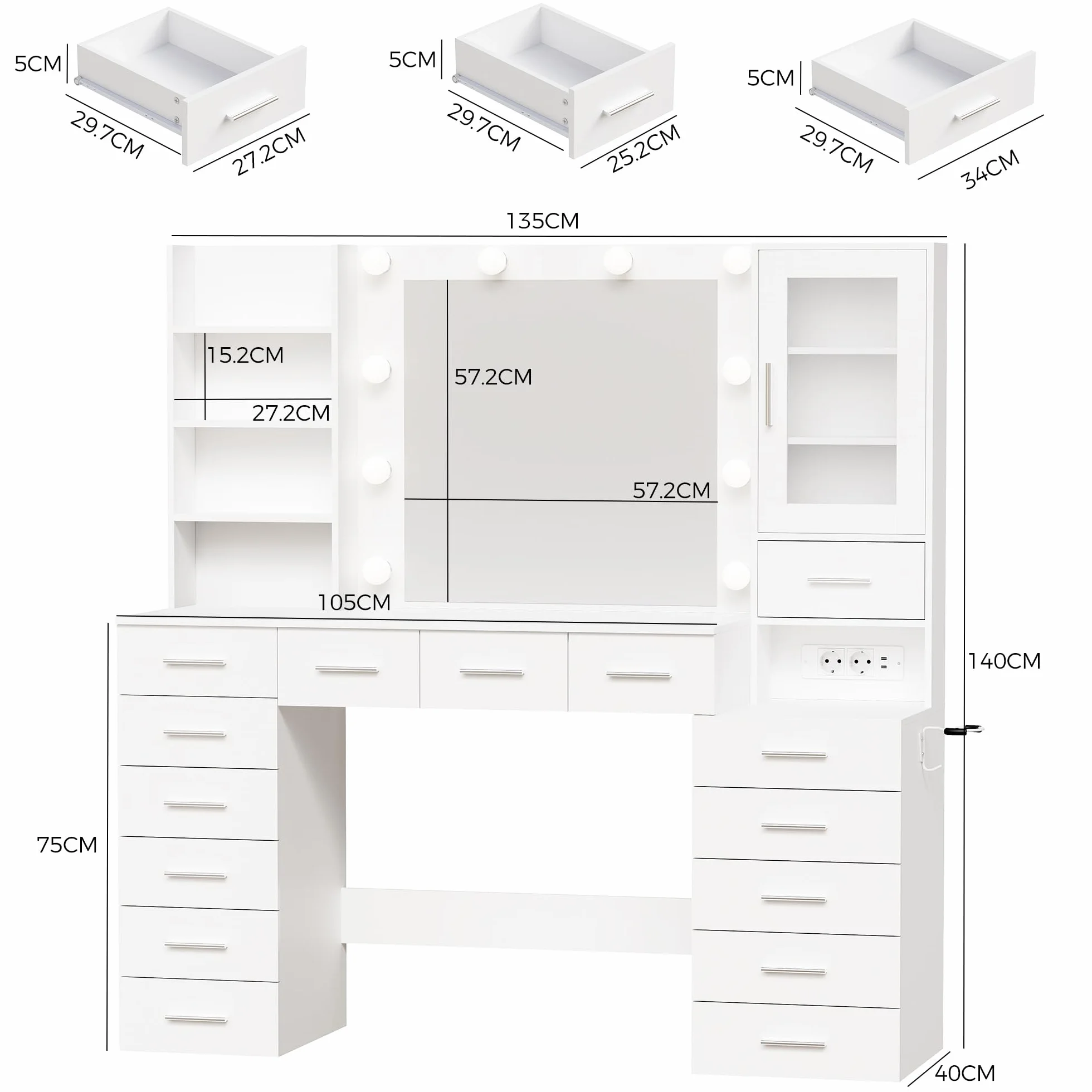 ANWBROAD Grande Tocador con luz LED, Brillo Regulable,Tocador de Maquillaje con Espejo y Enchufes, Mesa de Maquillaje con 15 cajones y 7 Estantes Abiertos para Dormitorio,Blanco Moderno BDT37W