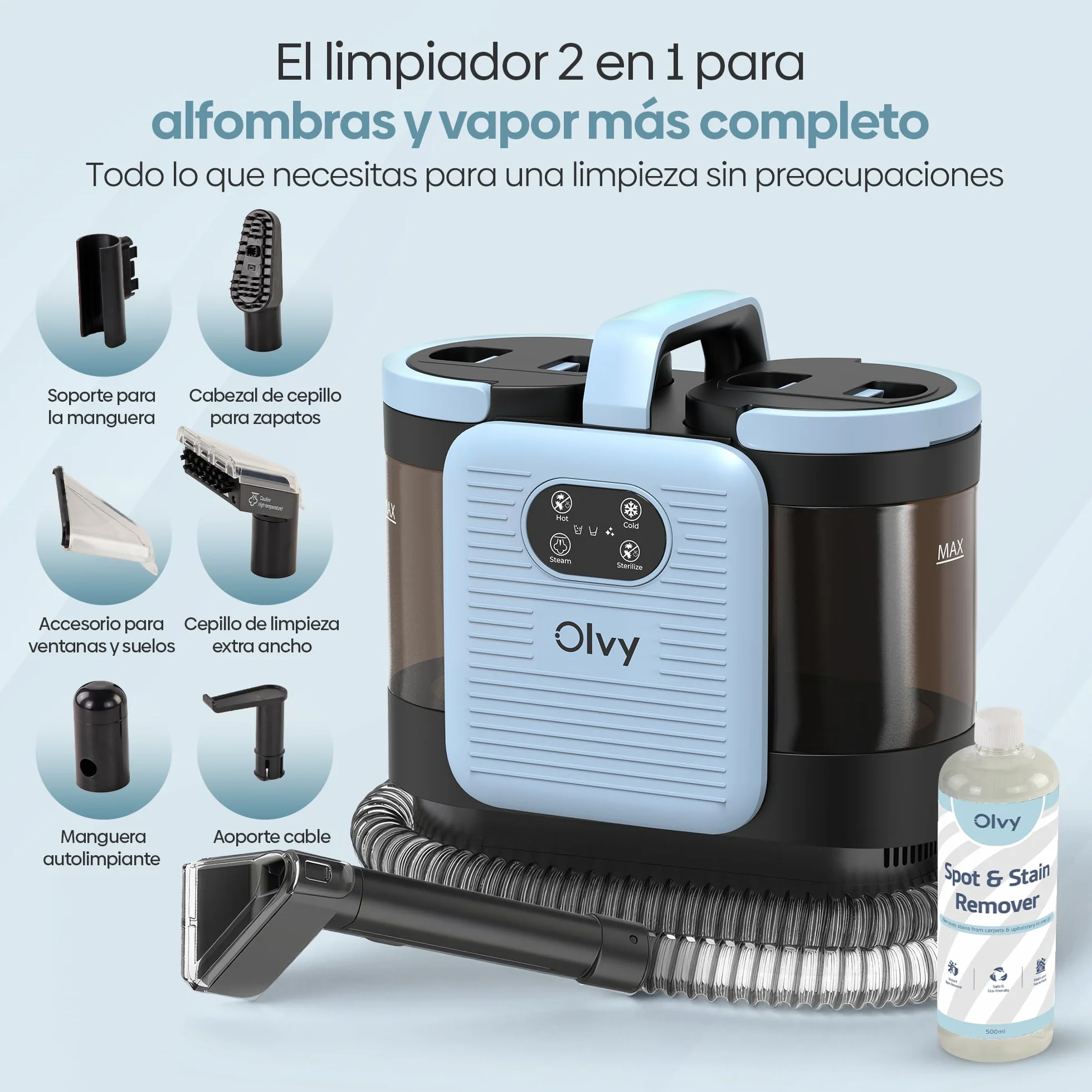 Olvy Limpiador de Alfombras PRO 1650W Aspiradora en húmedo con función de vapor 100°C