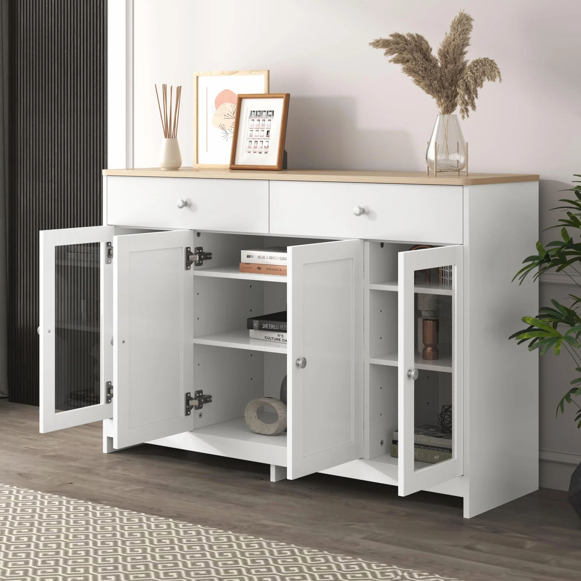 Azkoeesy Aparador Blanco con Puertas de Cristal y 2 Cajón - 120x37x80 cm, Mueble Multifuncional (Cocina/Buffet/Archivador) para Sala de Estar y Oficina - Diseño Moderno con Almacenamiento