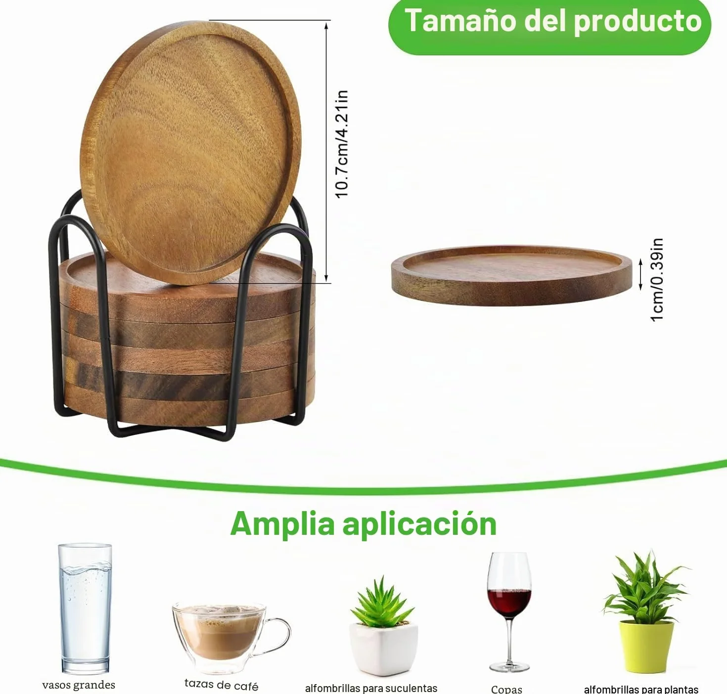 Posavasos de Madera Redonda para Vasos, Juego de 6 con Soporte, Protección de Mesa para Cualquier Tipo de Mesa