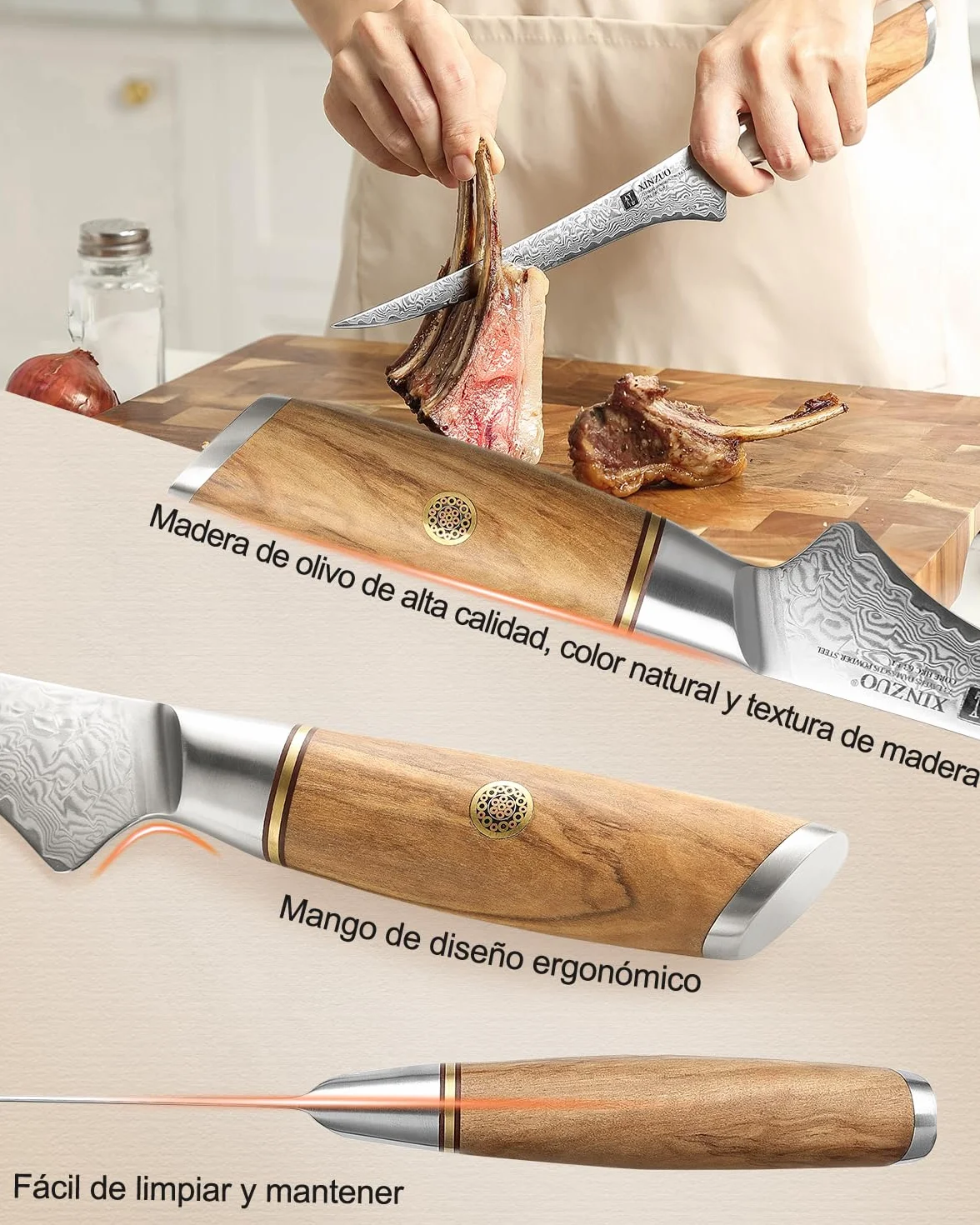 XINZUO Cuchillo de Filete 17,8cm Acero Damasco 73 Capas Mango Olivo