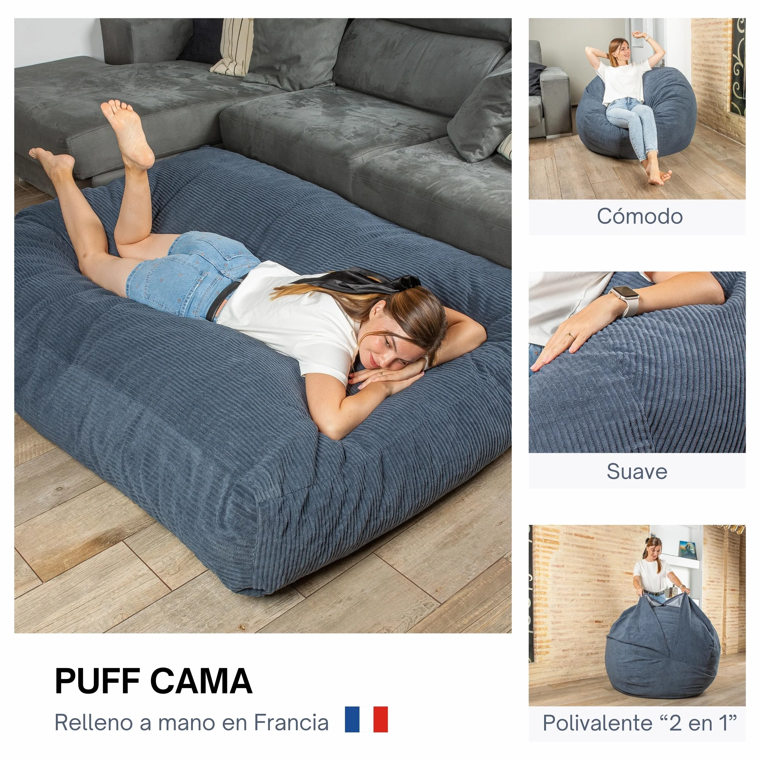 bananair - Puff Cama Gigante con Relleno de Espuma Incluído - Puff Salon Convertible en Futon/Colchón Plegable Suelo 135x185 cm - Pana Ancho, Tejido Suave y Elegante (Azul Noche)