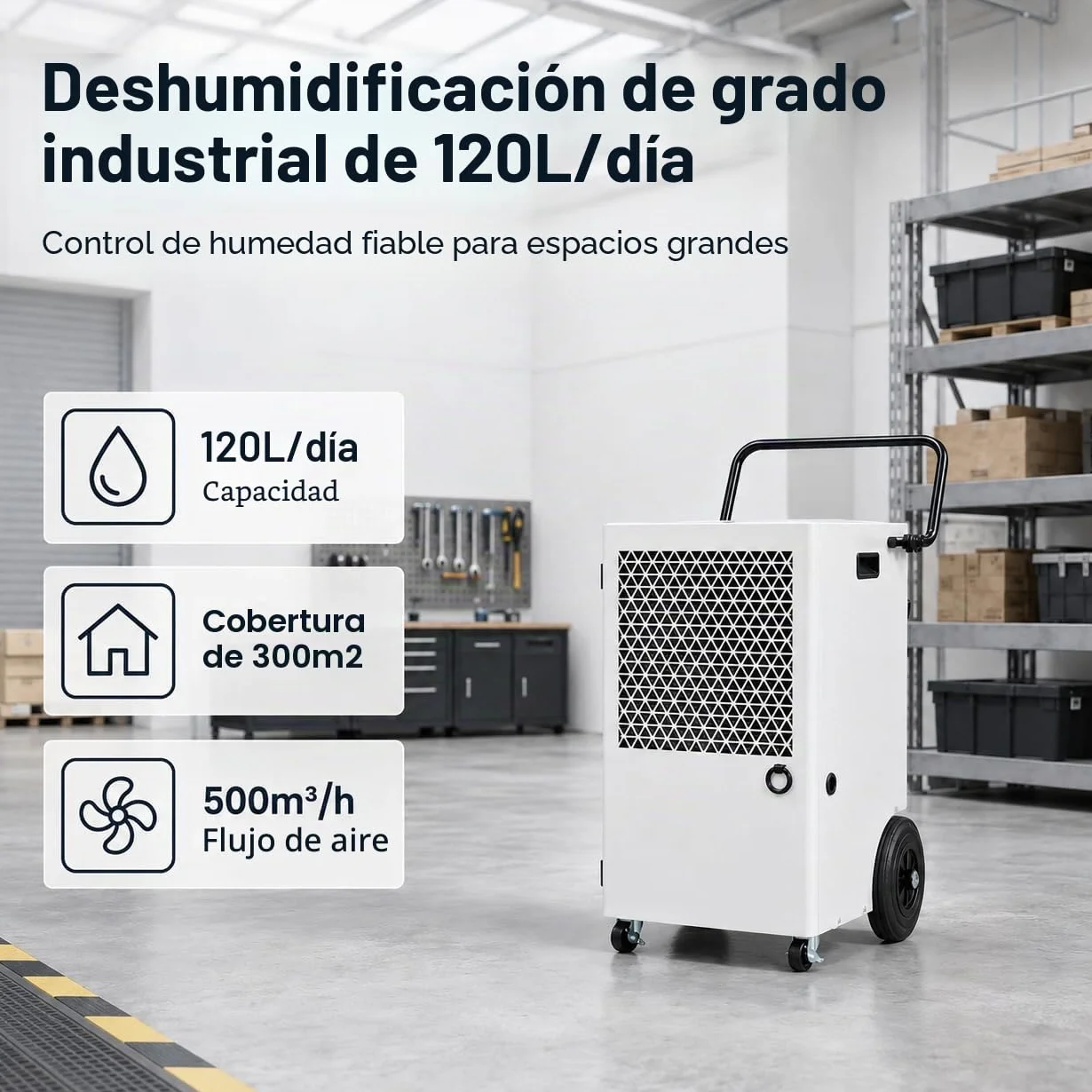 Deshumidificador Eléctrico Grande Industrial 120L/Día: Deshumificadores de Humedad con Bomba Compresor y Manguera de Drenaje 300m²/600m³ Cubierta Portátil Temporizador 24H Secado de Lavandería