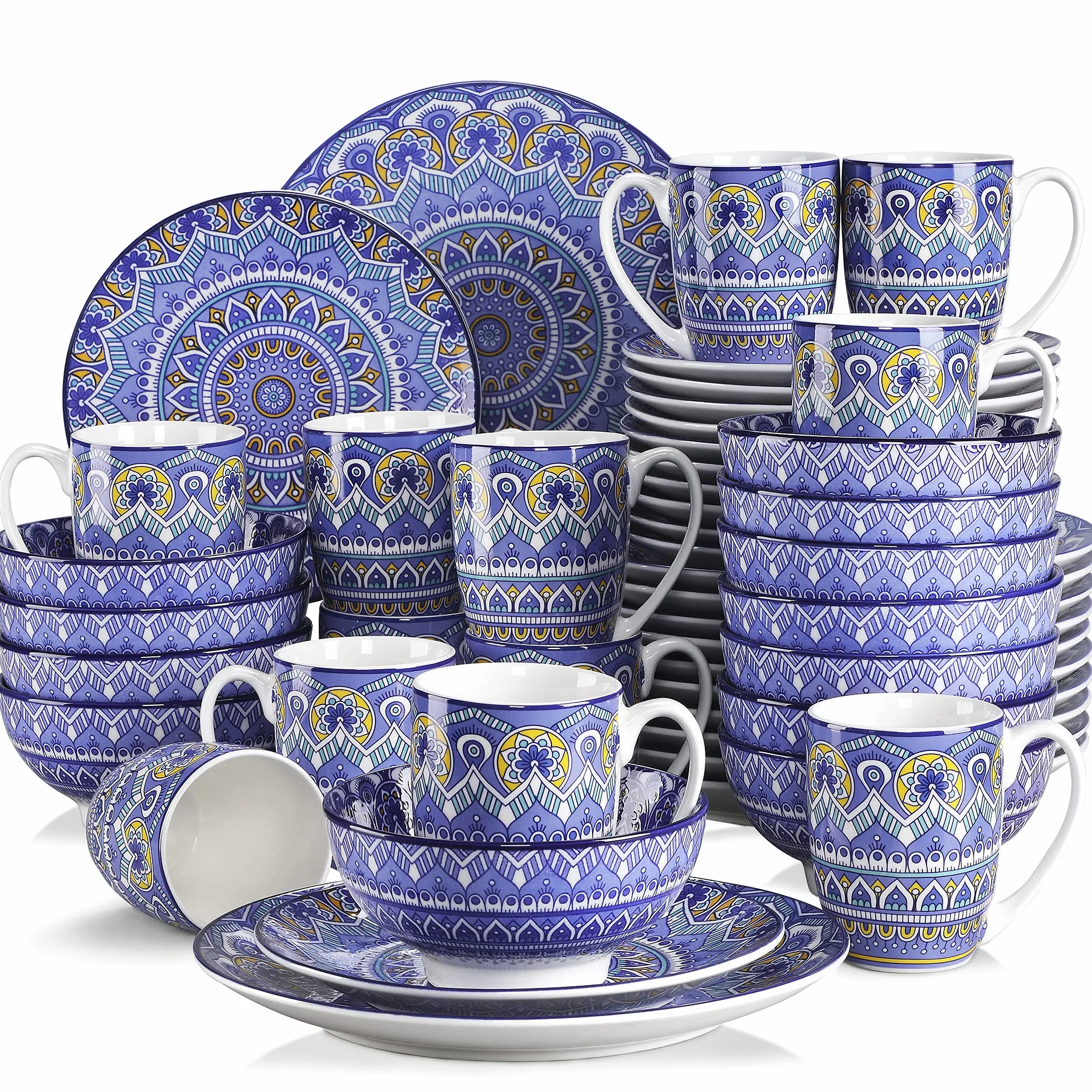vancasso serie Mandala Vajillas de 48 piezas de Porcelana Multicolor Vajillas Completas Diseño Floral Mandala para 12 Personas (Azul)