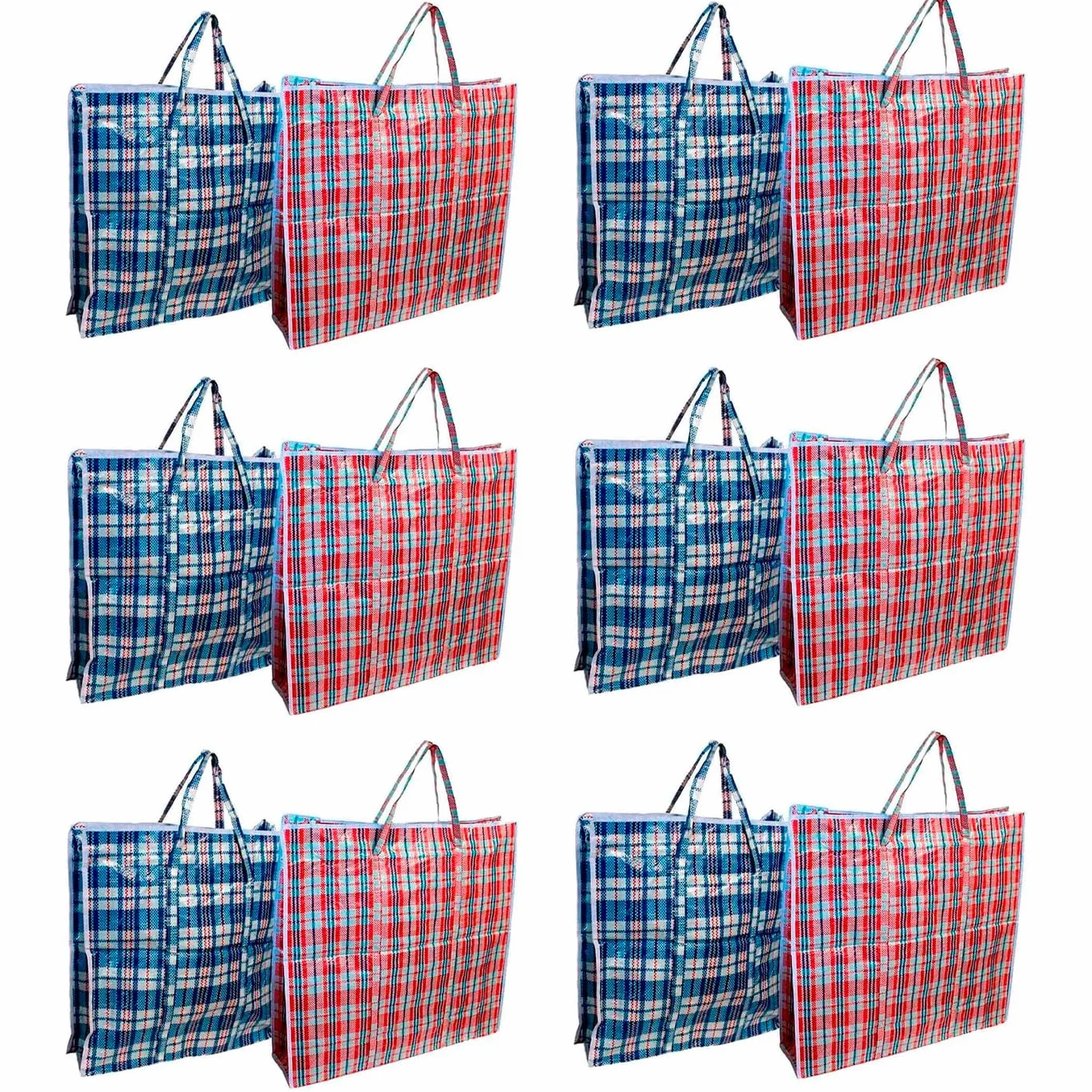 AC - Pack de 12 bolsas plásticas de rafia - Incluyen cremallera y asas - Reutilizables, mudanzas, almacenamiento de ropa, mantas - 80 x 90 x 25 cm - Color Aleatorio