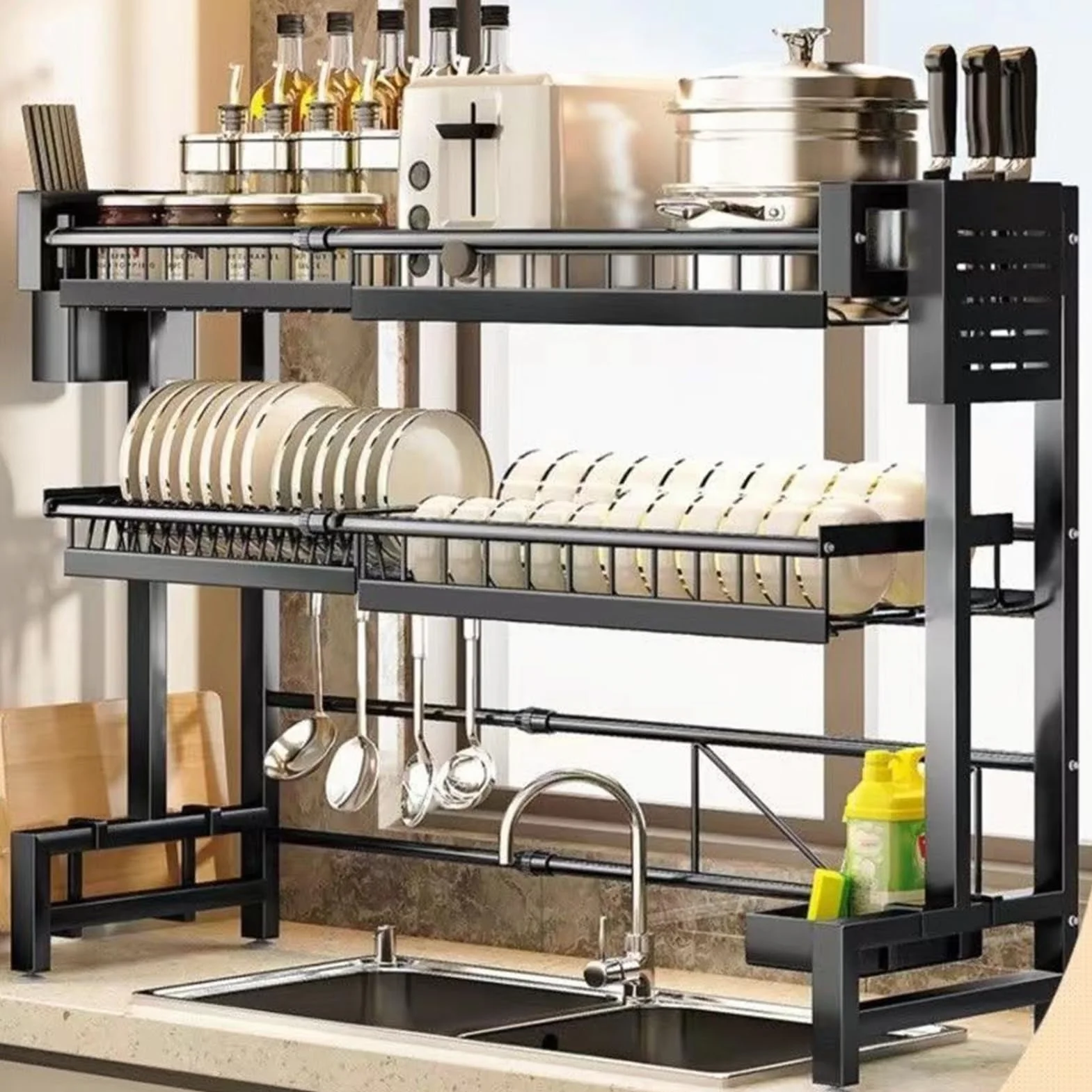 Saterkali Escurridor de platos grande sobre el fregadero, escurridor de platos de acero inoxidable de 2 niveles telescópico de gran capacidad, escurridor de platos para encimera de cocina, doble
