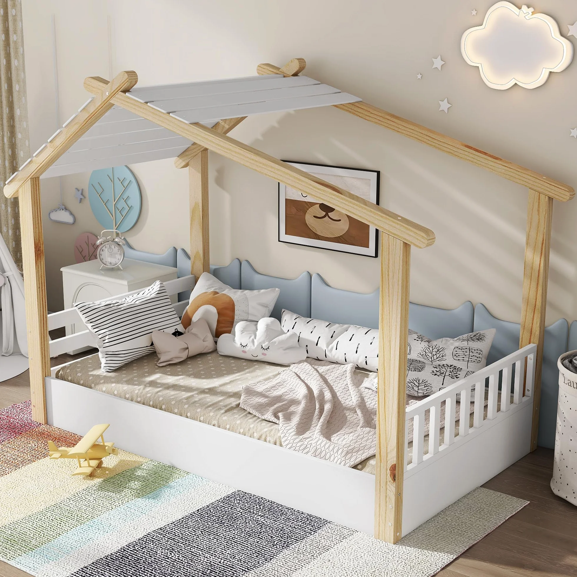Cama Infantil 90x190 cm, Cama de Casa con Techo, Cama Nido para niños y niñas, Cama de Madera con Valla, Cama Familiar Individual con Protección Anticaídas y Somier, Blanco, Sin Colchón