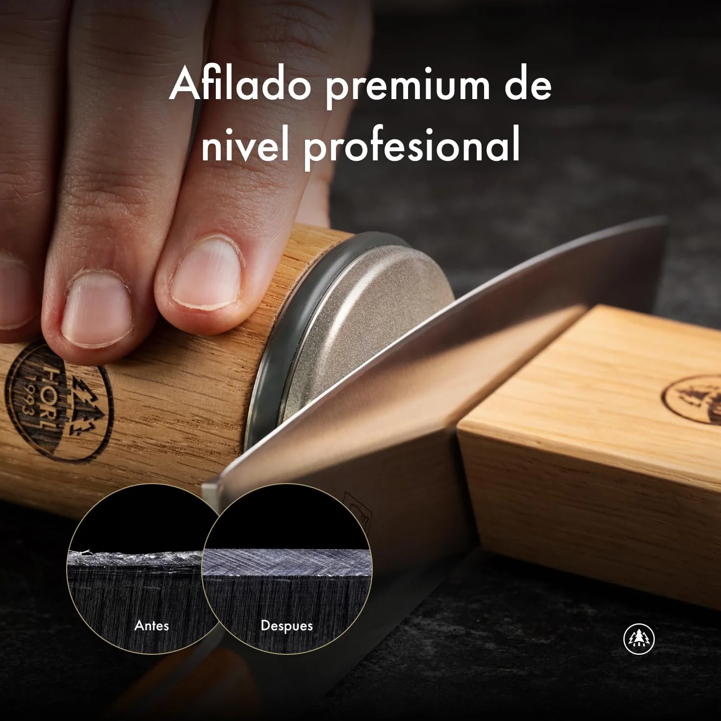 Rodillo afilador HORL2 roble - Afilador para cuchillos de cocina y para un filo extremo - rodillo afilador para cuchillos con soporte magnético con ángulos de 15 y 20 grados