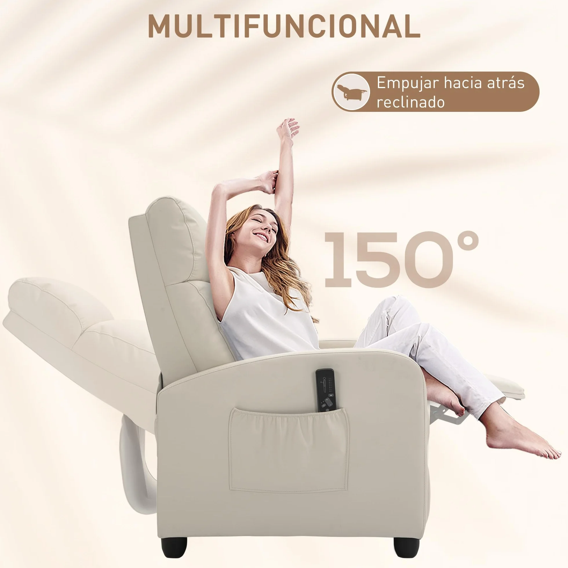 HOMCOM Sillón de Masaje Reclinable con Mando a Distancia 2 Zonas 8 Programas 5 Niveles Intensidad 68x88x98 cm Crema