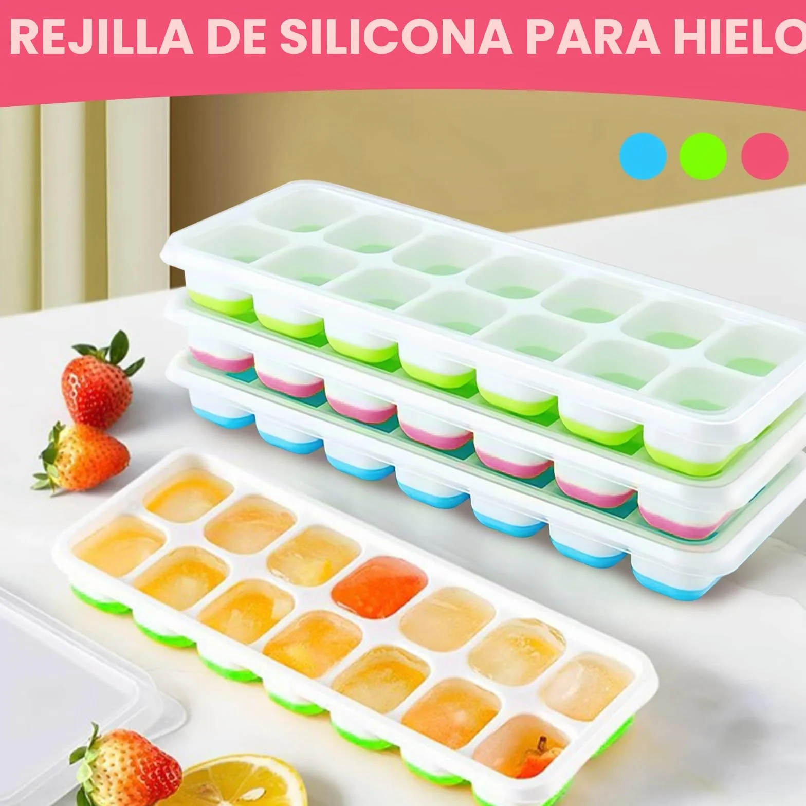 Cubitera de silicona con tapa, 3 unidades, apilable, molde para cubitos de hielo, LFGB