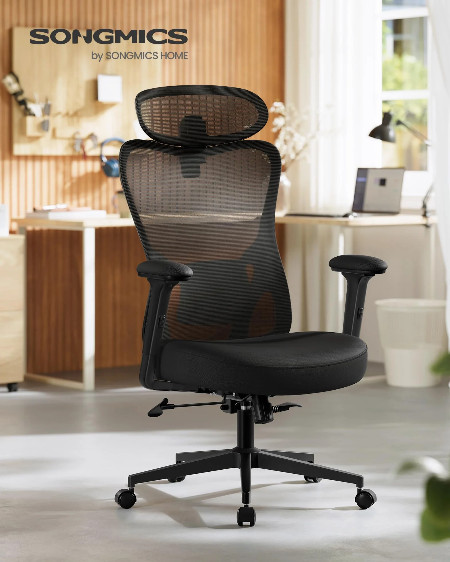 SONGMICS Silla de Oficina Ergonómica, Reposacabezas y Soporte Lumbar Ajustables, 150 kg, Altura Ajustable, Negro Tinta OBN066BH01