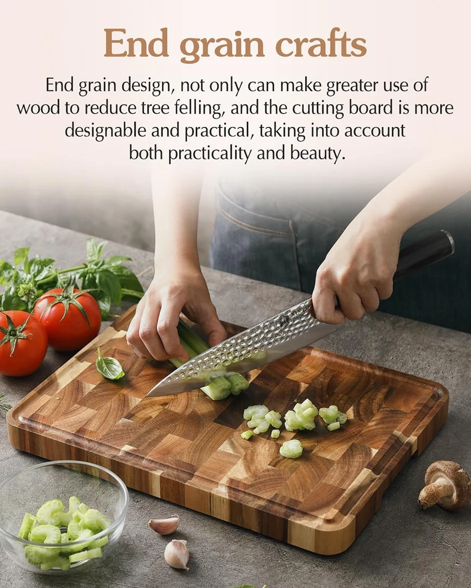 XINZUO Tabla de Cortar de Madera de Acacia- (35x25x2.6cm) Tabla de Cortar Cocina Hecha a Mano Trinchar Tabla de Carne- con Patas Antideslizantes, Asas Laterales y Ranura para Jugos