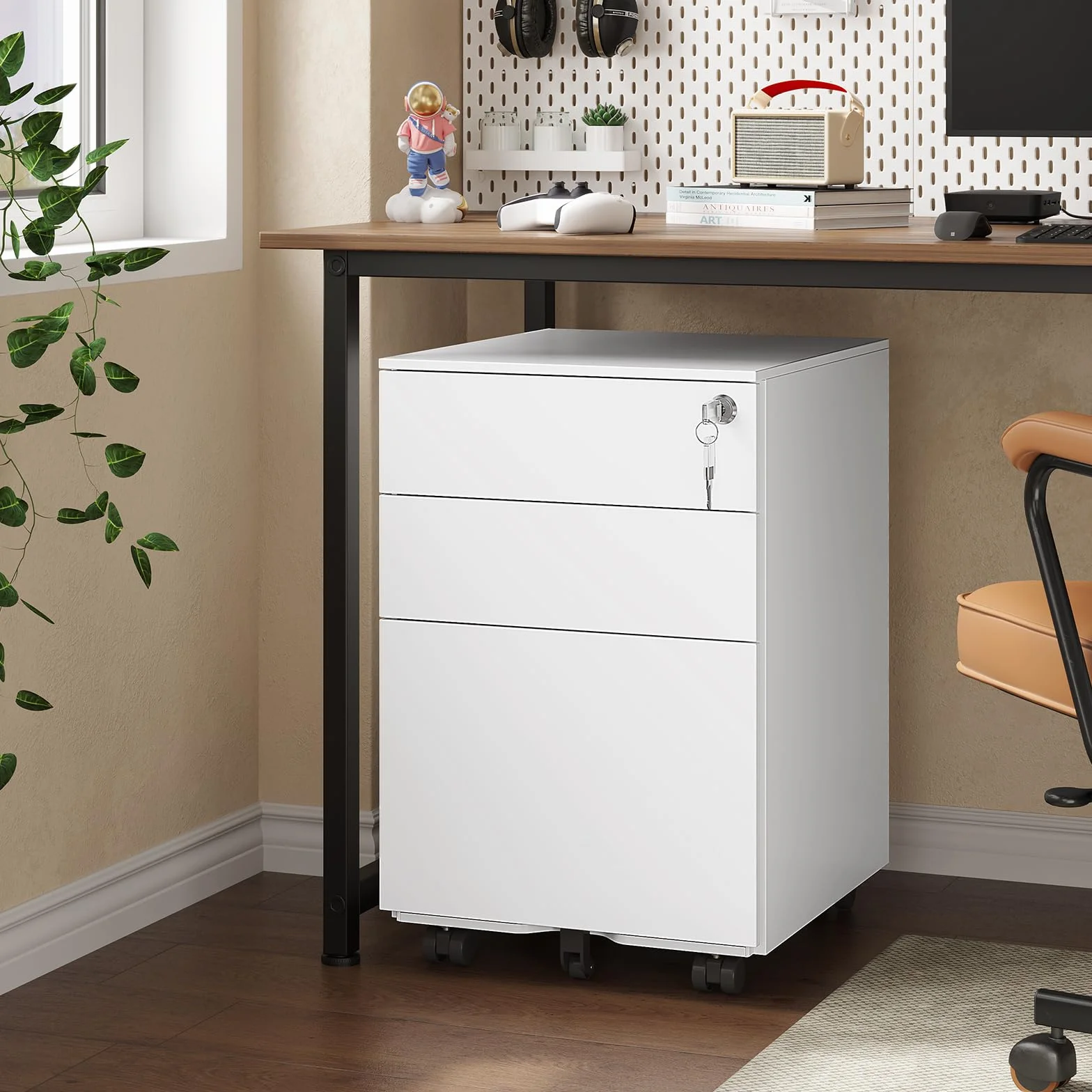 KIMENICH Cajonera Oficina Armario archivador con Ruedas para Debajo del Escritorio, con 3 cajones, 5 Ruedas, premontado, con Cerradura, Armario de Metal con archivador, para Archivos,Mueble Impresora