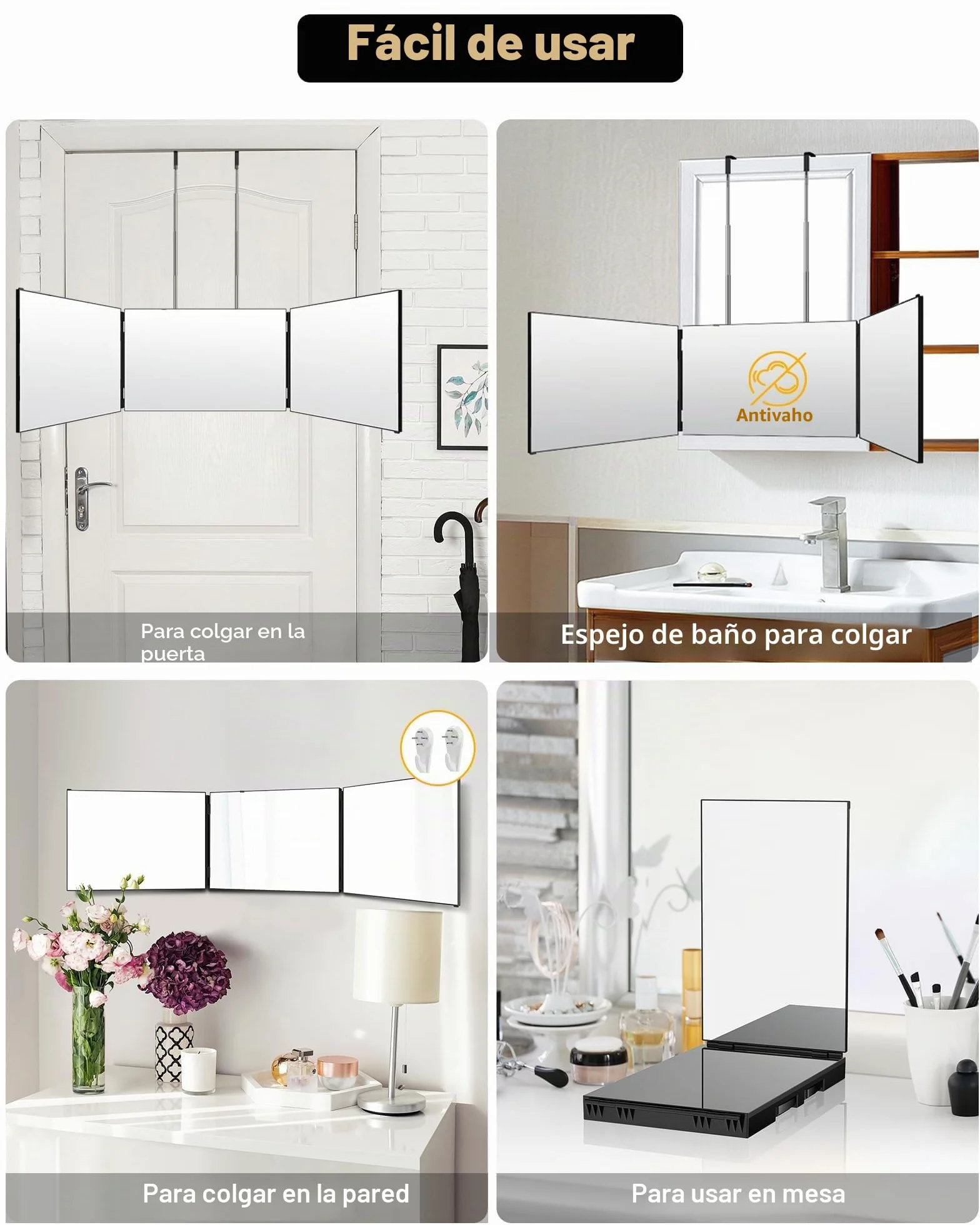 JUSRON Espejo de Pared 360°, Triple Plegable, con Corte Automático, Altura Regulable