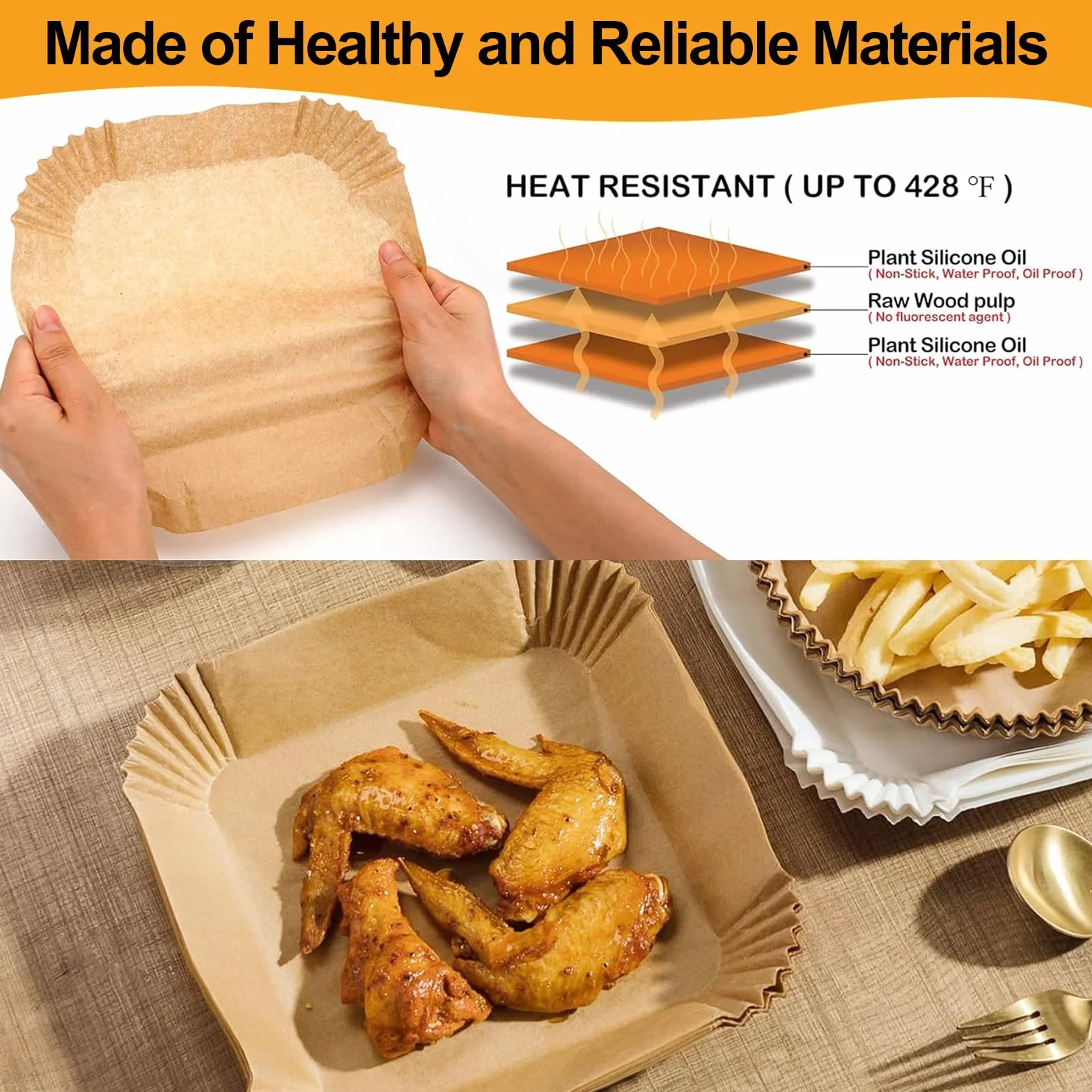 Papel Freidora Aire de 20-24cm,100 Unidades,Papel de Freidora de Aire Desechable de Grado Alimenticio,para Horno, Hornear y Microondas,Para Freidoras de Aire de 5 a 8 litros,BPA Free