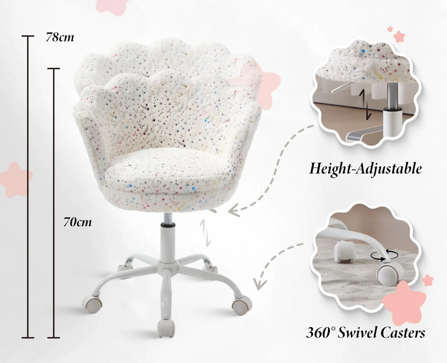 chairus Silla Escritorio Niña de Terciopelo Silla Infantil Giratoria con Ruedas, Sillas de Estudio con Forma de Flor para Niños, Blanco