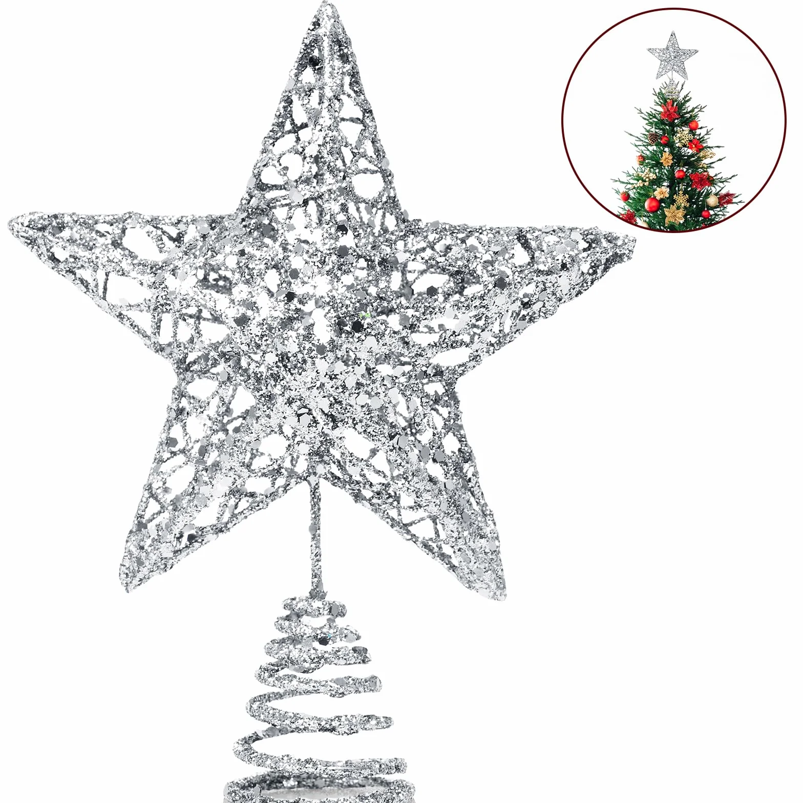 Estrella Plateada Metálica con Purpurina 3D para Árbol de Navidad 20x15 cm