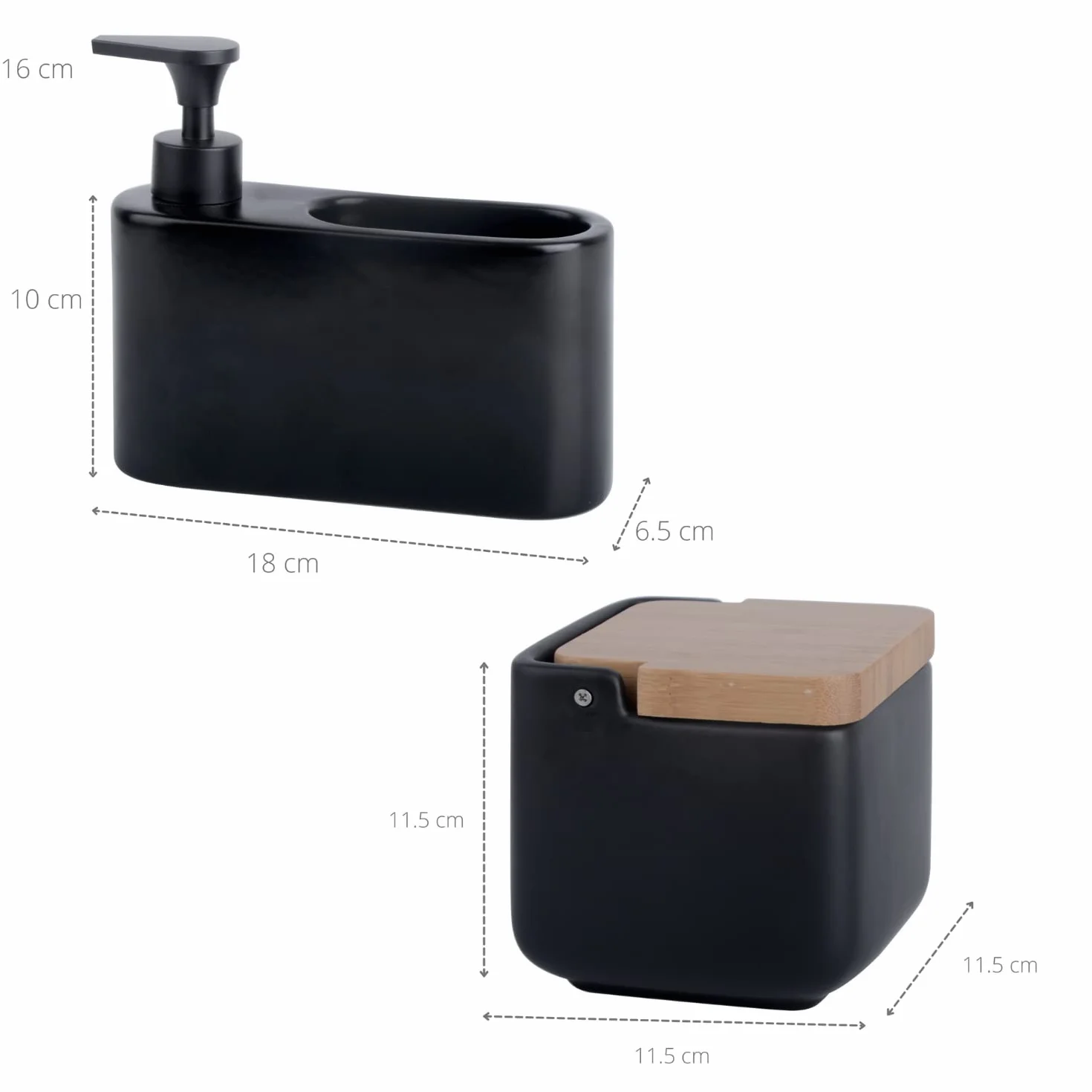 Juego de Accesorios de Cocina | Incluye 1 x Salero de Cocina con Tapa basculante de Bambú y 1 x Dispensador de Jabón de Cocina con Hueco para Guardar el Estropajo | Negro Mate