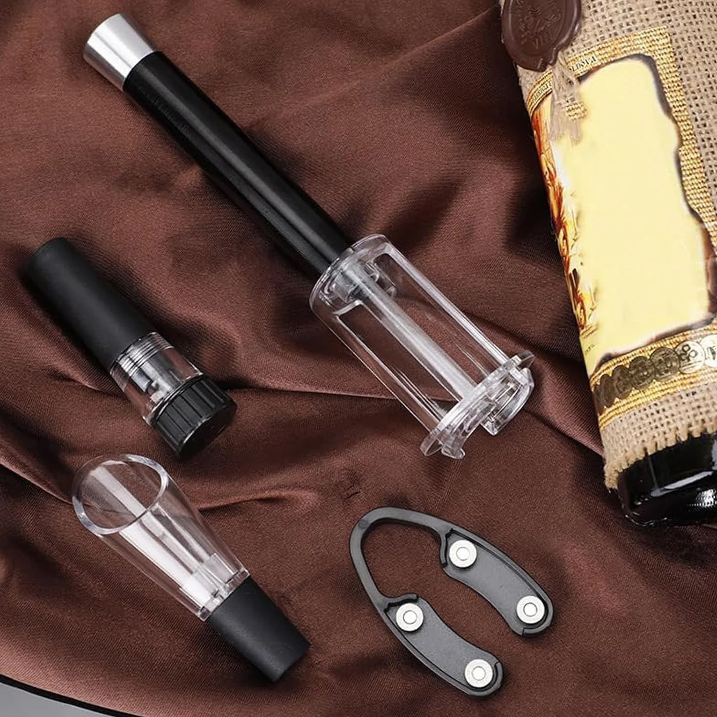 MIRACLEW Wine Opener, Air Pump Cork Remover Wine Bottle Opener Set, Miracle Air Pressure Wine Opener Set, with Bottle Opener, Vacuum Stopper, Wine Pourer, Paper Cutter (Silver)