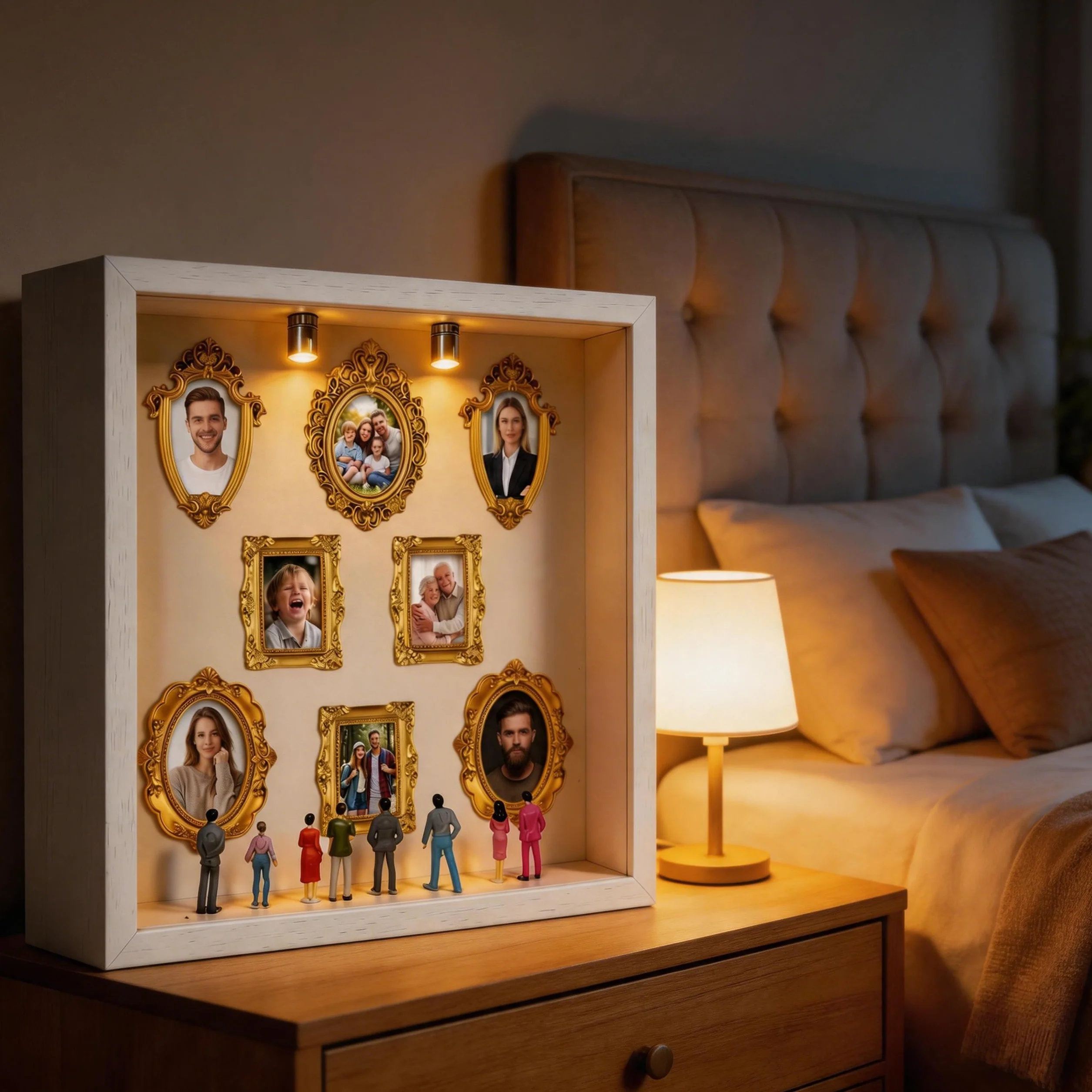 Caja de silueta de museo para manualidades, mini figuras de museo, con mini marco de fotos vintage y miniatura, caja de sombra con luz LED (blanco)