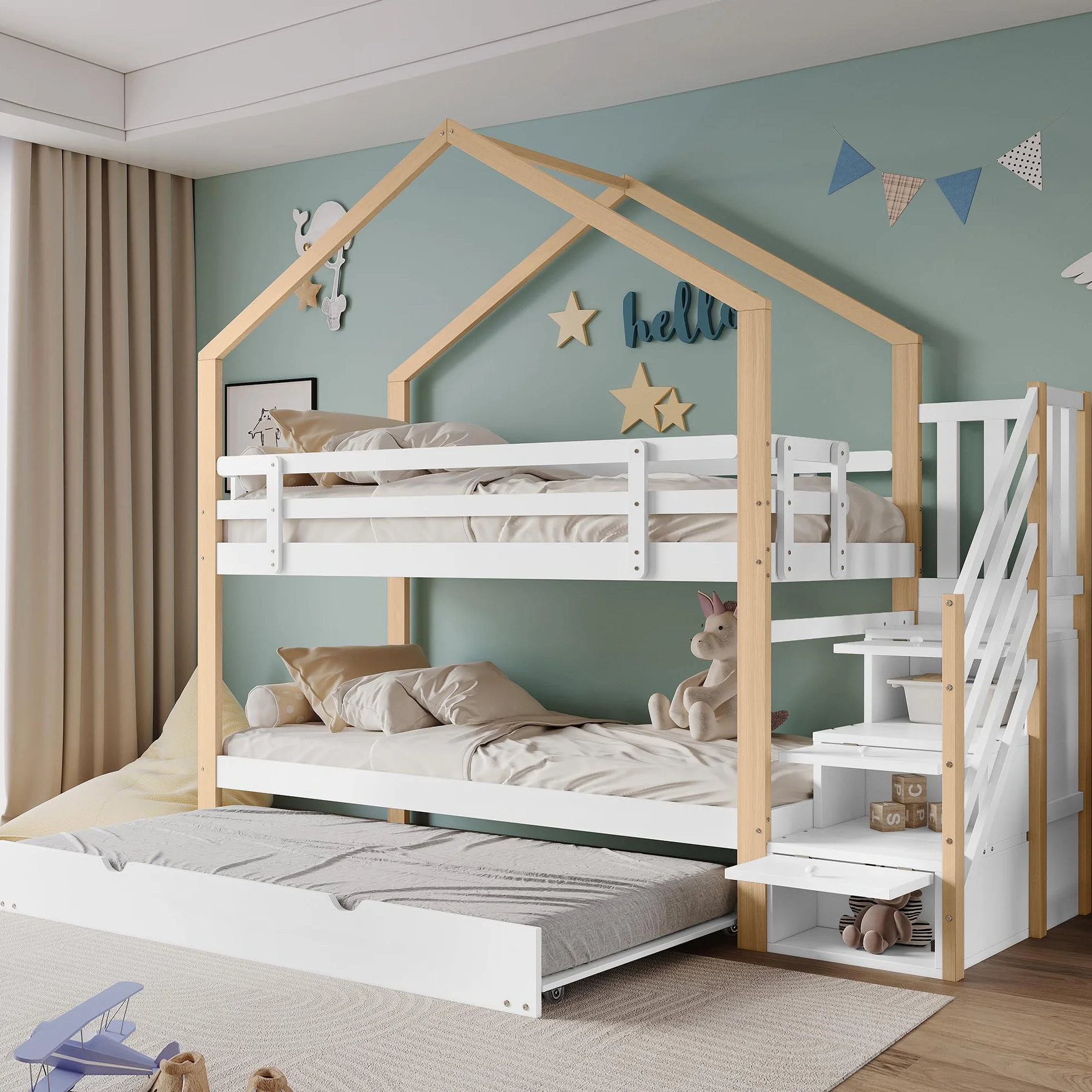 LAKFEW Litera de 90x200 con Cama Nido 90x190 cm, Cama Infantil con Escalera de Almacenaje y Protección Anticaída, Litera Infantil, Camas Infantiles de Madera para 3 Personas, Natur+Blanco, Sin Colchon