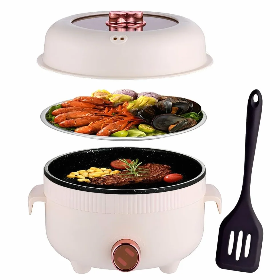 Olla Eléctrica 2.2L con Vaporera, Sartén Antiadherente Portátil para Asar/Ramen/Bistec/Fondue/Sopa, Doble Control de Potencia, beige