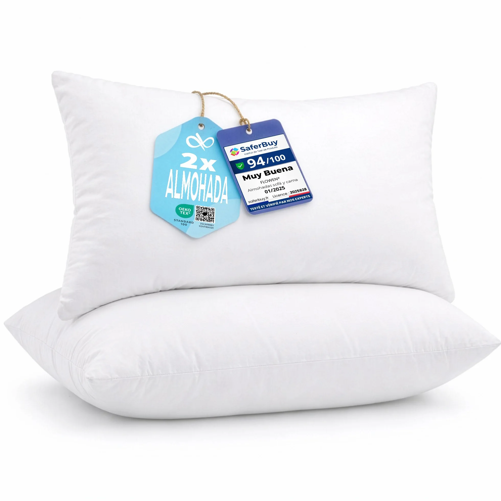 Flowen Almohada 40x60 cm Fibra Siliconada Hipoalergénica Oeko-Tex® Antialérgica Indeformable Pack 2
