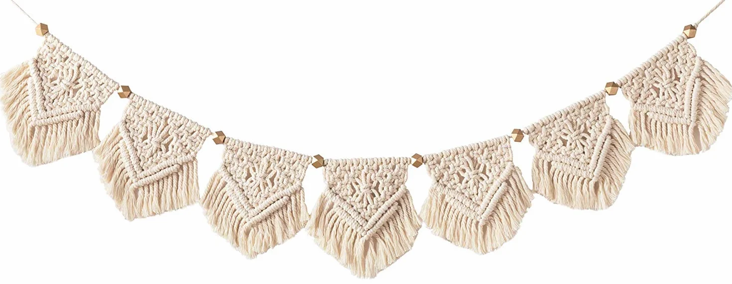 Mkouo Colgante de Pared de macramé Tapiz Banner de Guirnalda de Flecos Decoración de la Pared de algodón Tejido for Sala de Estar Dormitorio Boda decoración，19cm(W) x 101.6cm(L)